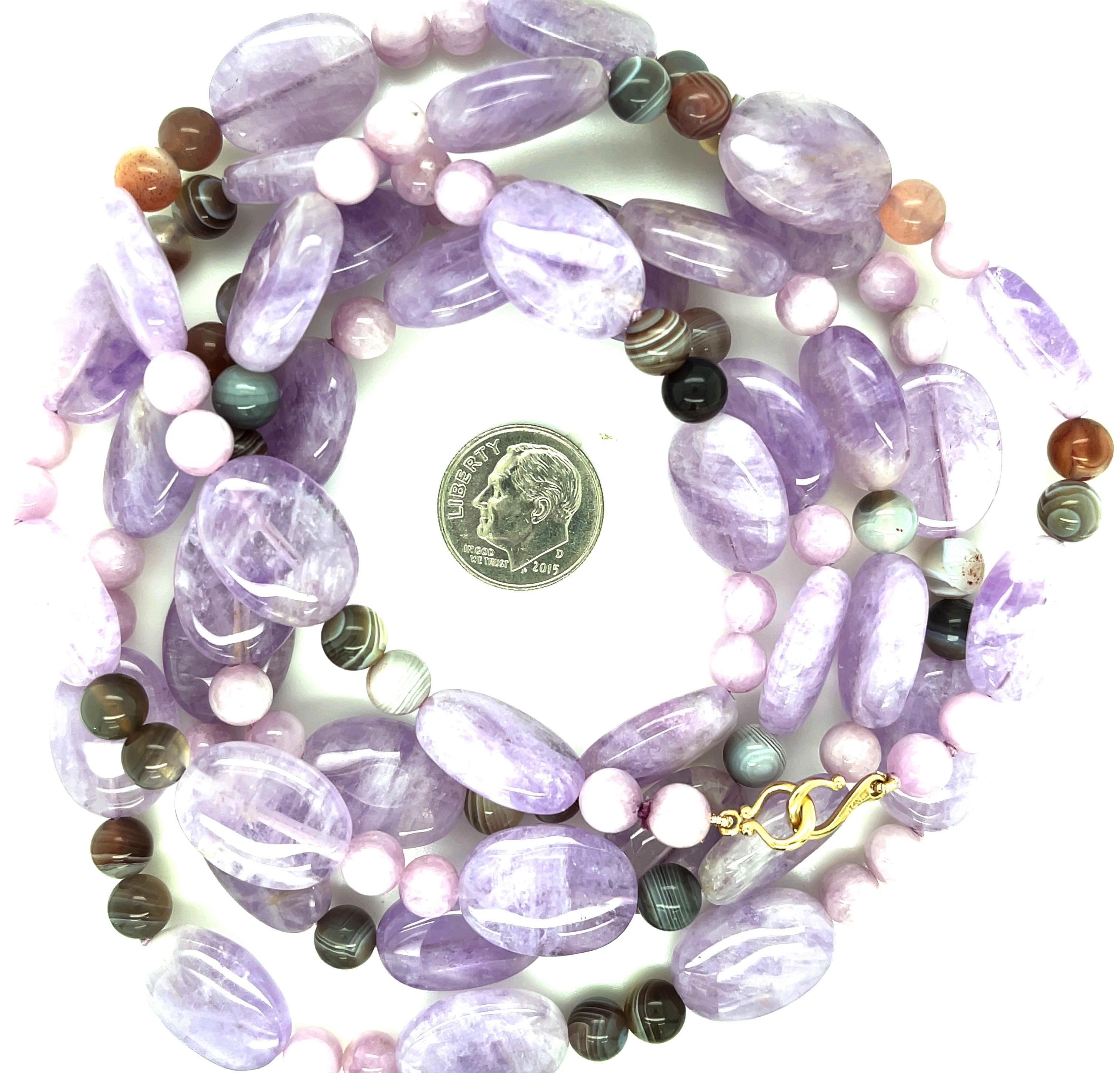 Bead Lavender Rose de France Amethyst, Kunzite and Quartz Necklace with 14k Gold For Sale