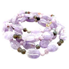 Halskette aus 14 Karat Gold mit Amethyst, Kunzit und Quarz in Lavendel Rose de France