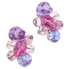 Lavender & Rose Pink Art Glass Cluster Earrings By Hattie Carnegie, 1960s