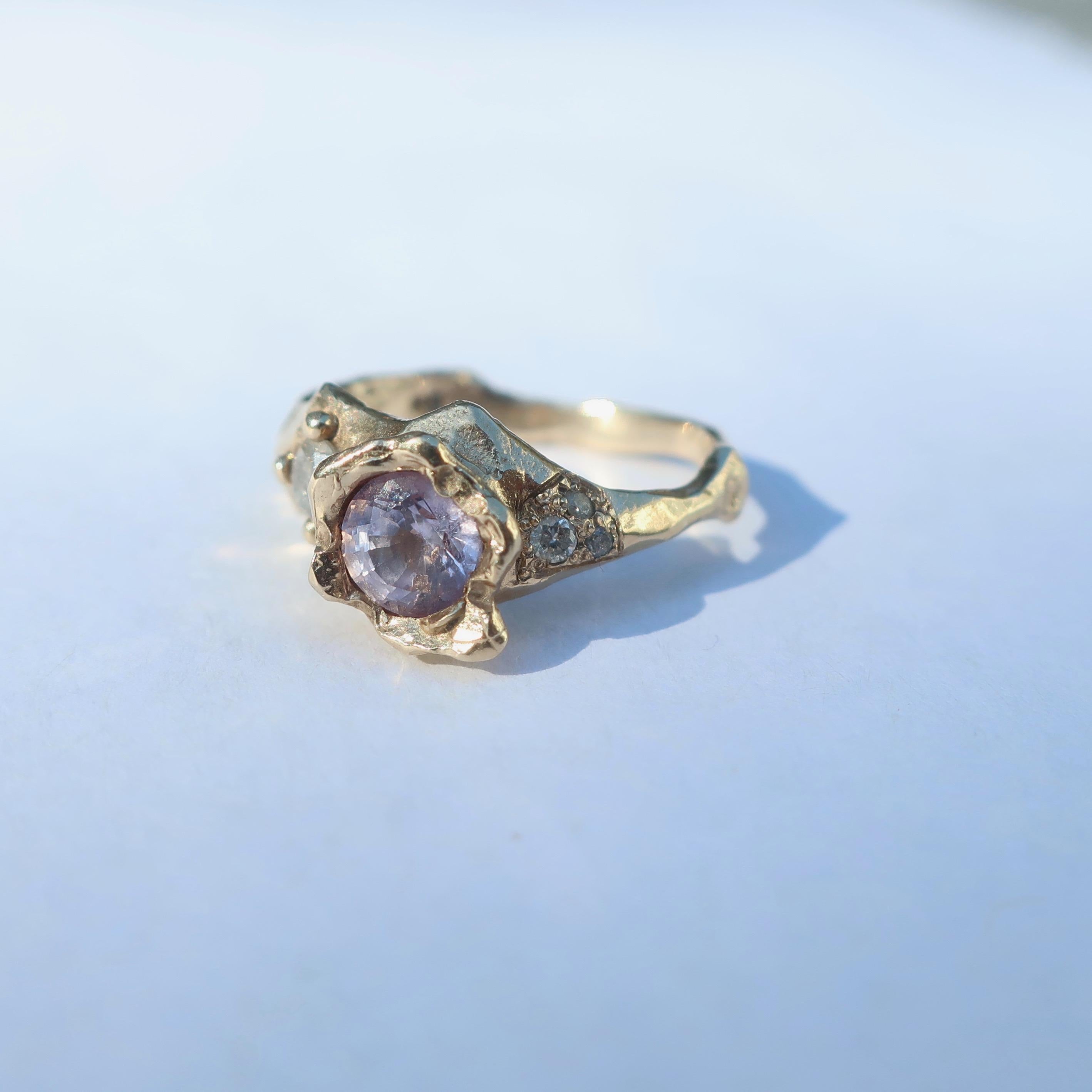 Round Cut Lavender Sapphire and Diamond Asymmetrical Ring