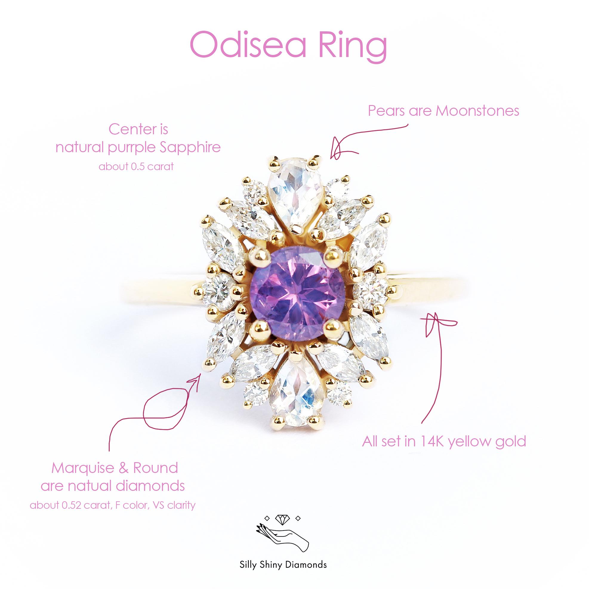 Round Cut Lavender sapphire Cluster Unique Engagement Ring, Alternative Bride 