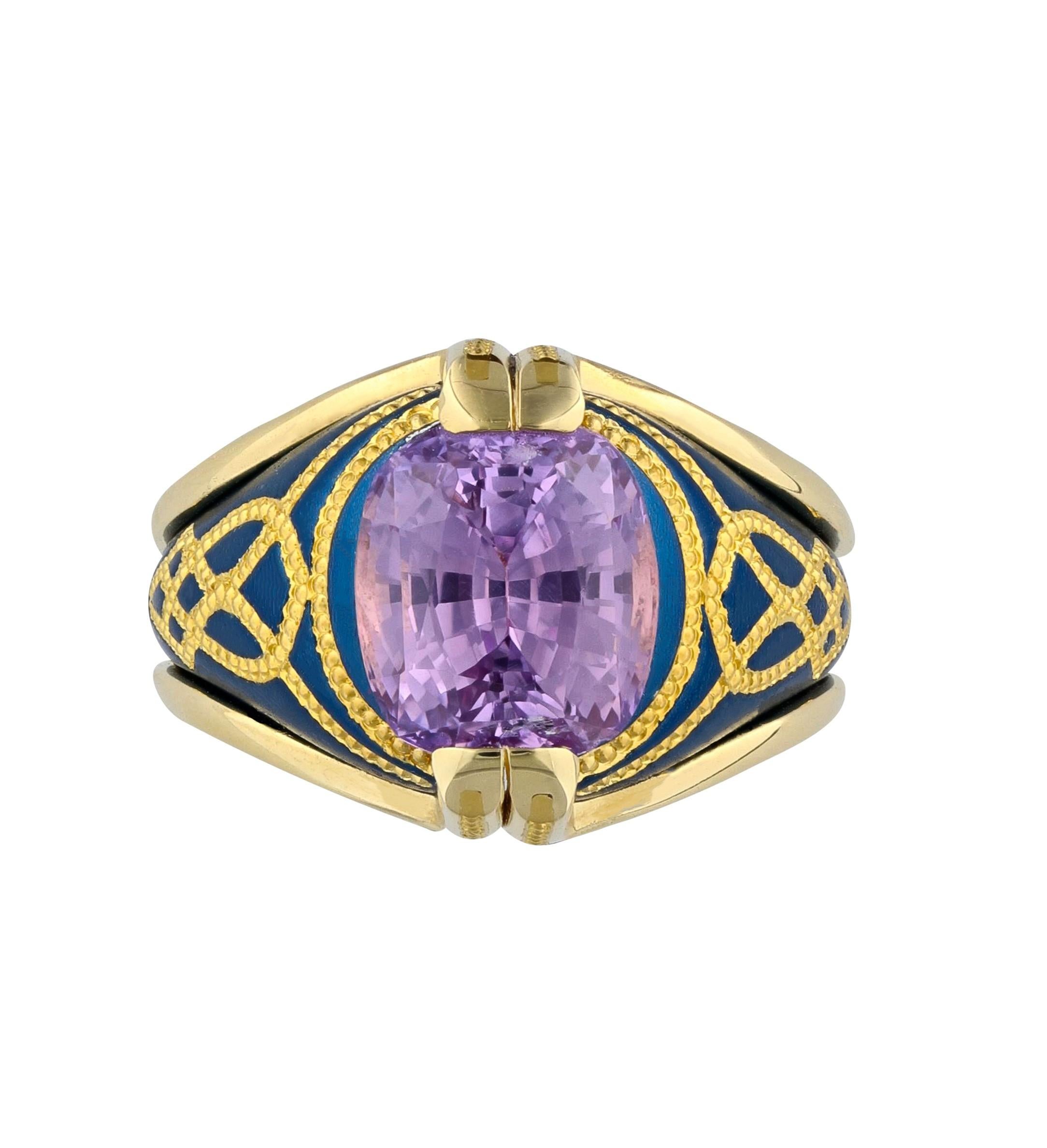 One of a kind 5.11 ct. Lavender Sapphire set in cobalt blue Aluminum with 24K Gold shaped inlay and 18K Gold frame. A unique innovation in mixed metals seen nowhere else.

