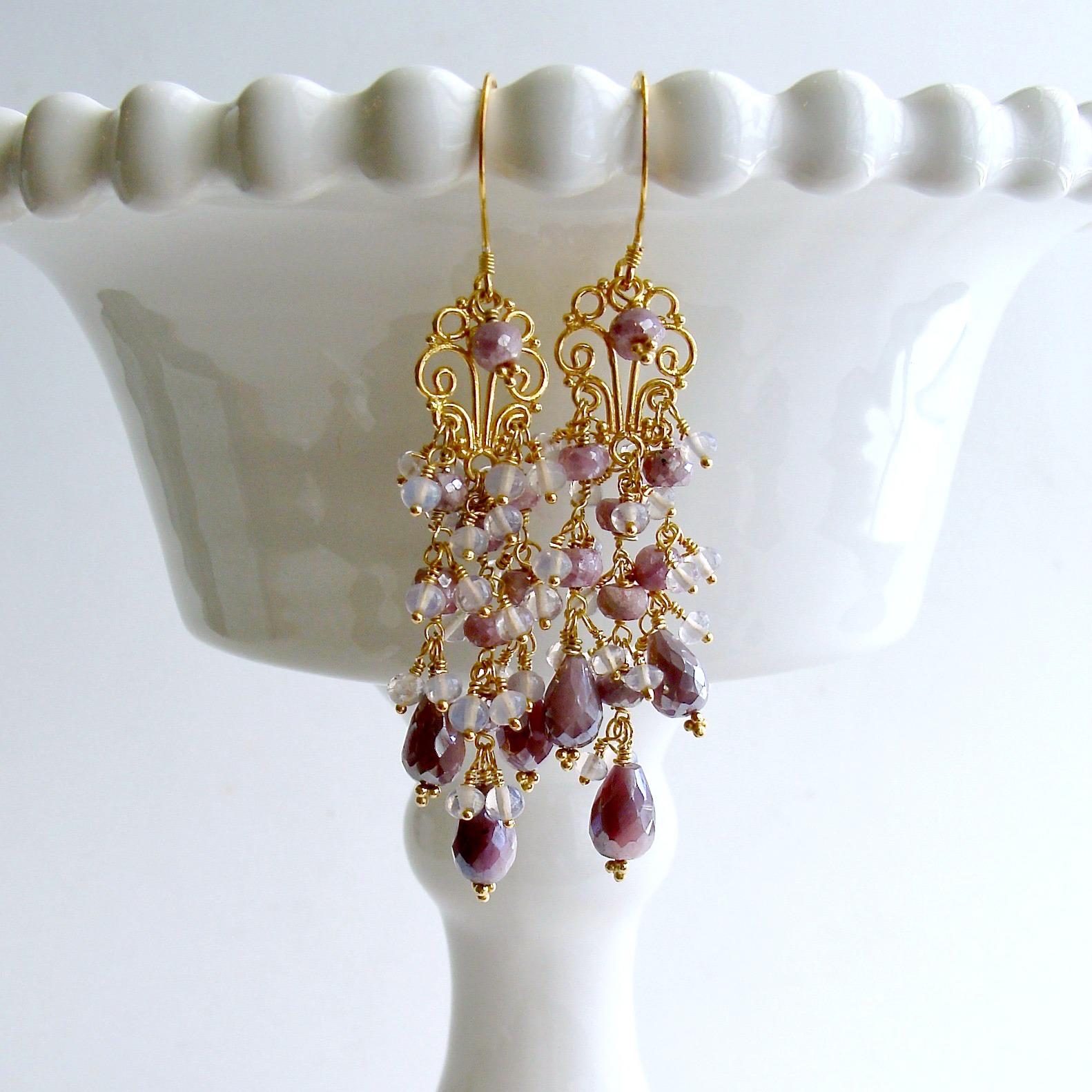 Triple strands of lavender silverite rondelles conclude with chatoyant faceted  teardrops of lavender silverite from gold vermeil filigree connectors.  These delicate strands have been festooned with hand-linked smooth rondelles of coordinating