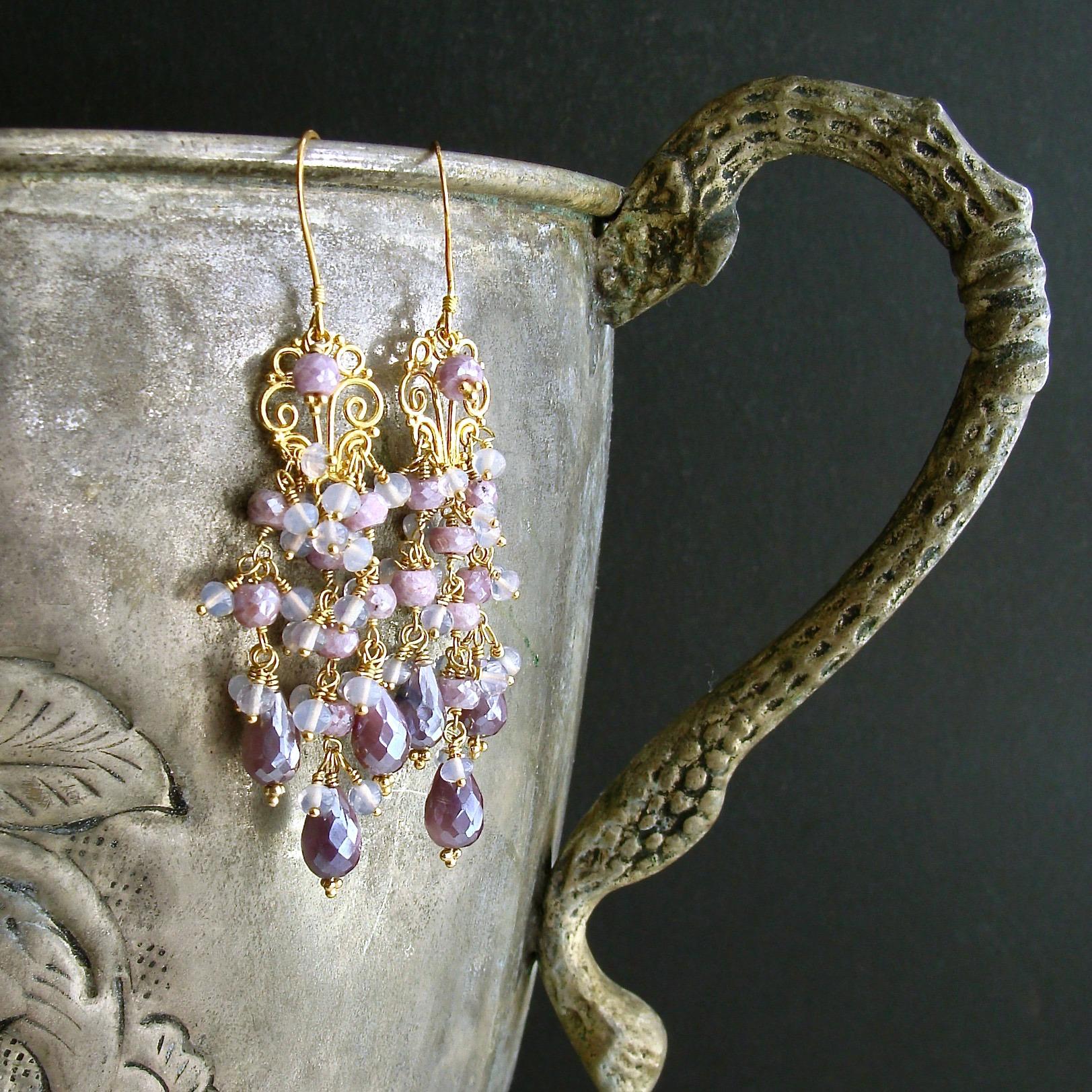 Artisan Lavender Silverite Opal Moon Quartz Chandelier Earrings, Veronique Earrings
