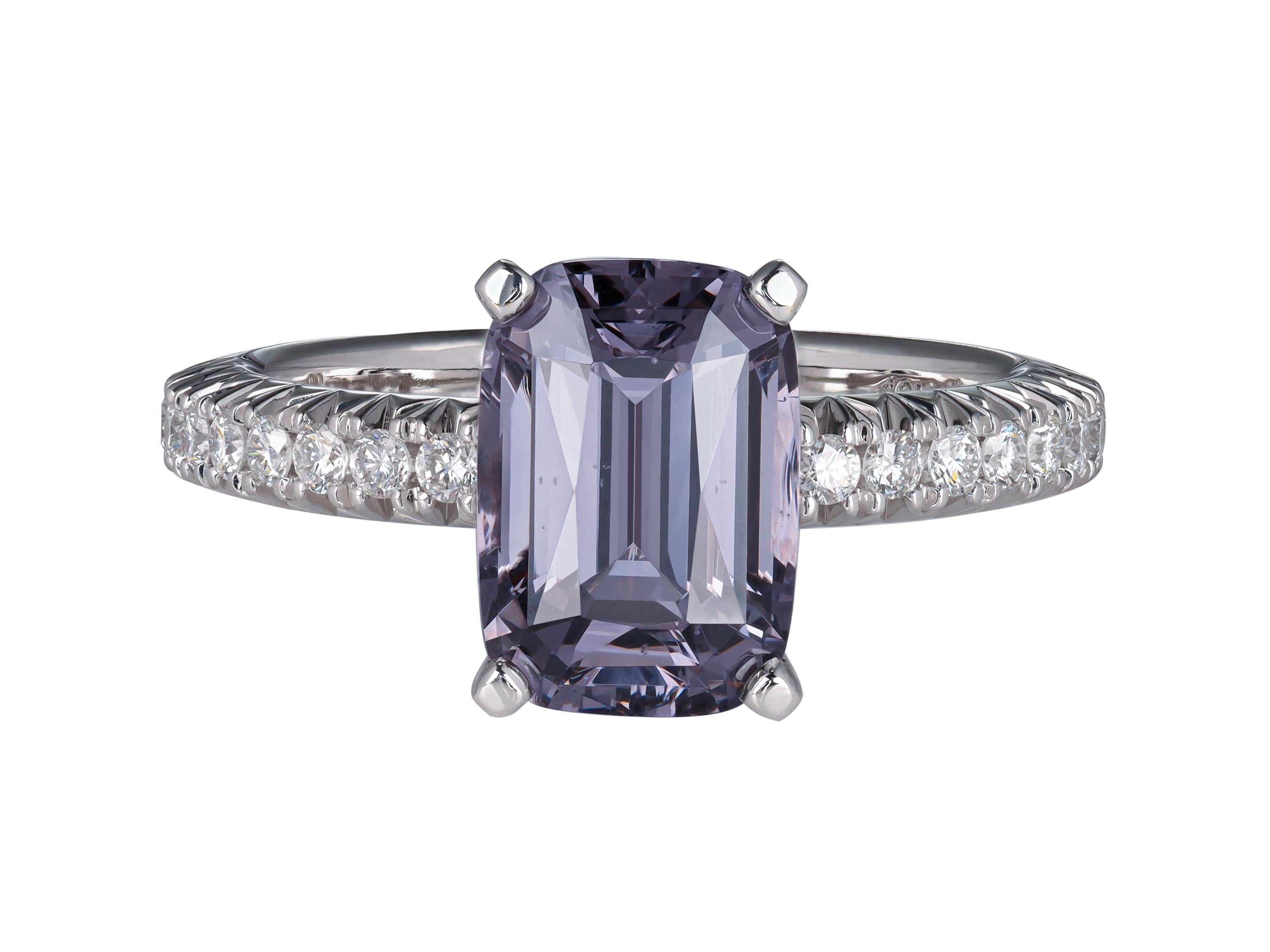 The 3.41 carat Lavender Spinel has a stylish cushion-cut shape, and its rich hue combined with vibrant play and dispersion gives the stone a special, unique look. 

The classically styled ring is set with 36 brilliant-cut diamonds (F/VS) totaling