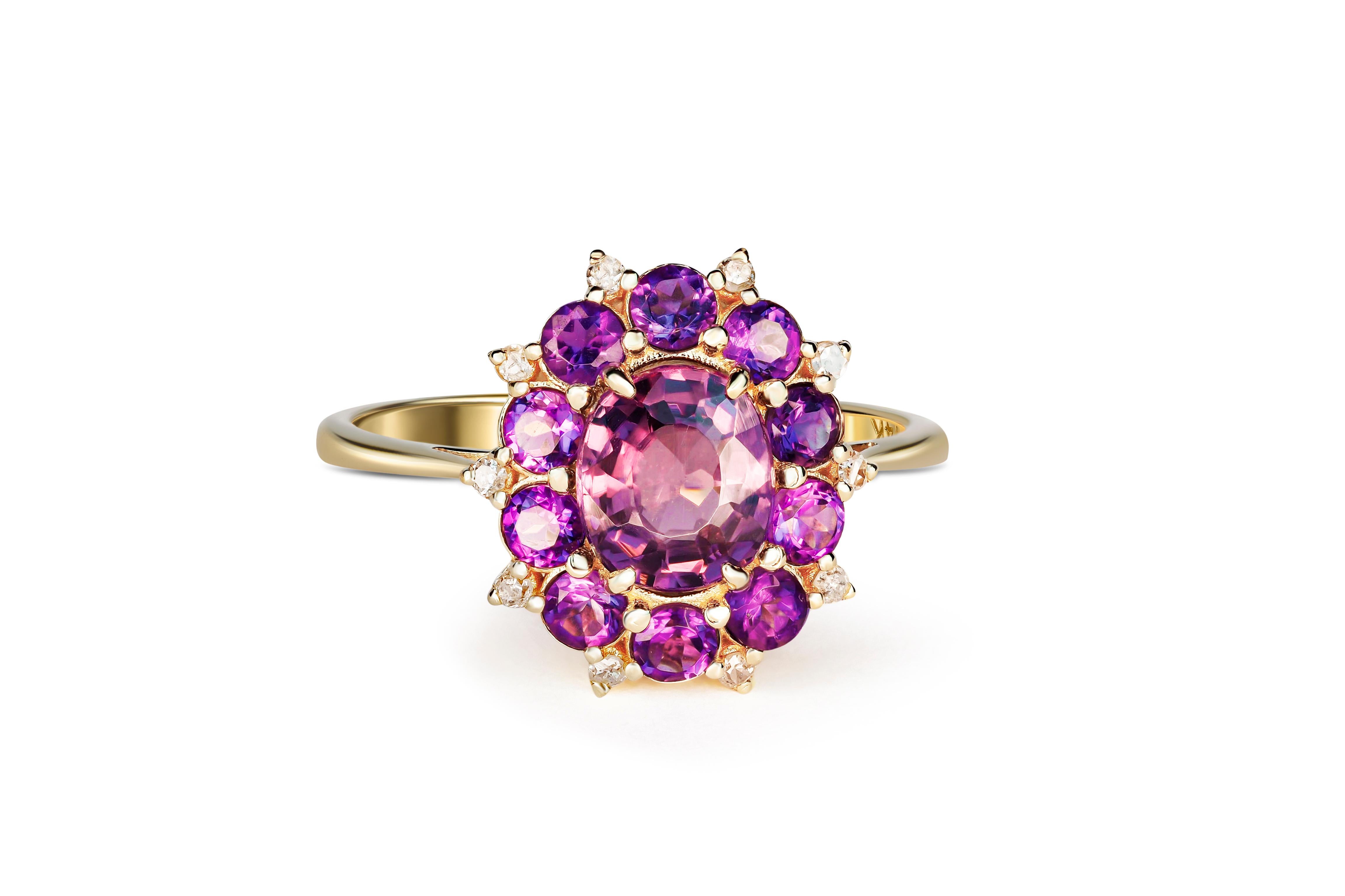 Modern Lavender Spinel Gold Ring, 14k Gold Ring with Spinel, Amethyst and Diamonds