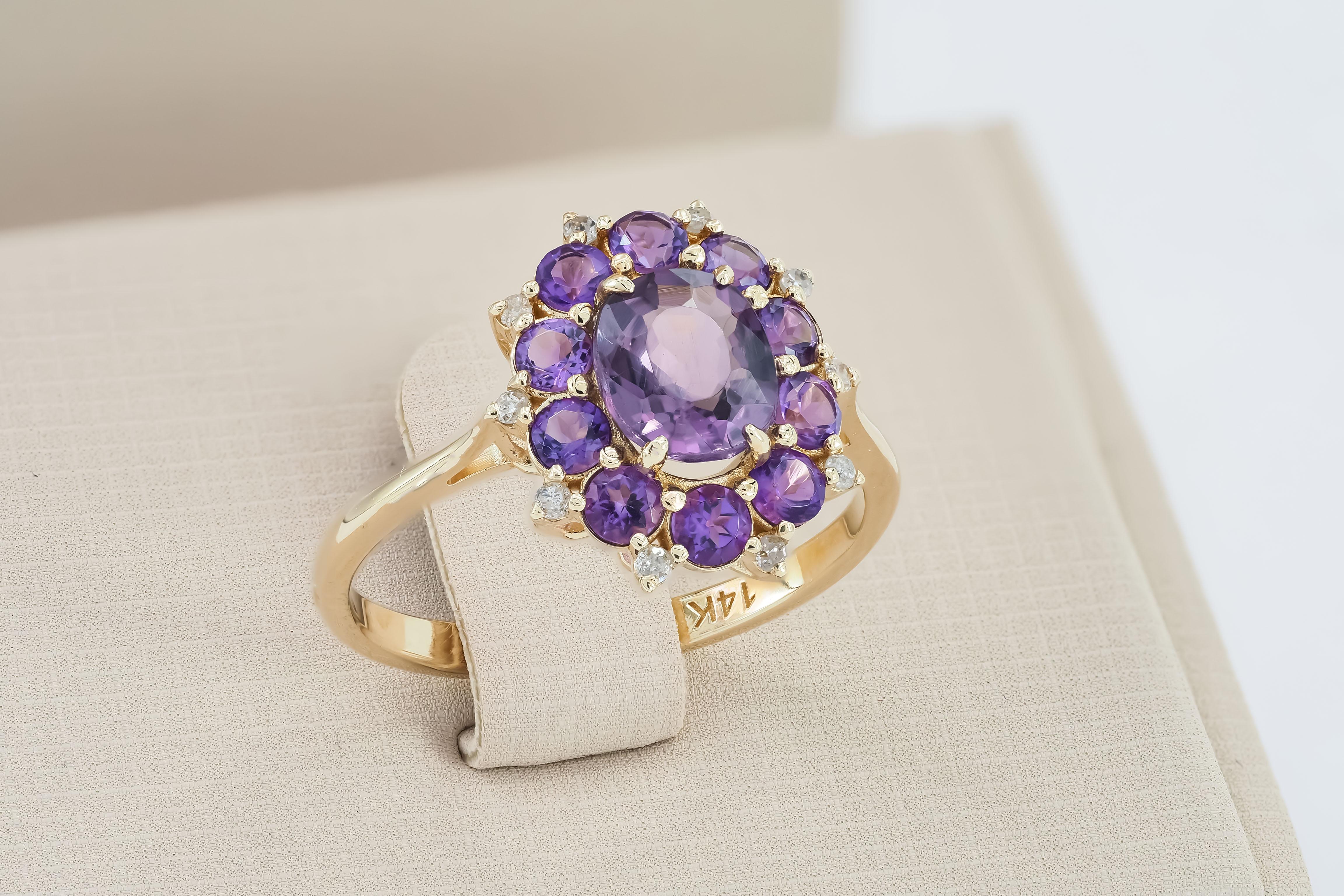 Lavender Spinel Gold Ring, 14k Gold Ring with Spinel, Amethyst and Diamonds In New Condition In Istanbul, TR