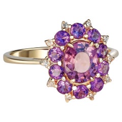 Lavender Spinel Gold Ring, 14k Gold Ring with Spinel, Amethyst and Diamonds