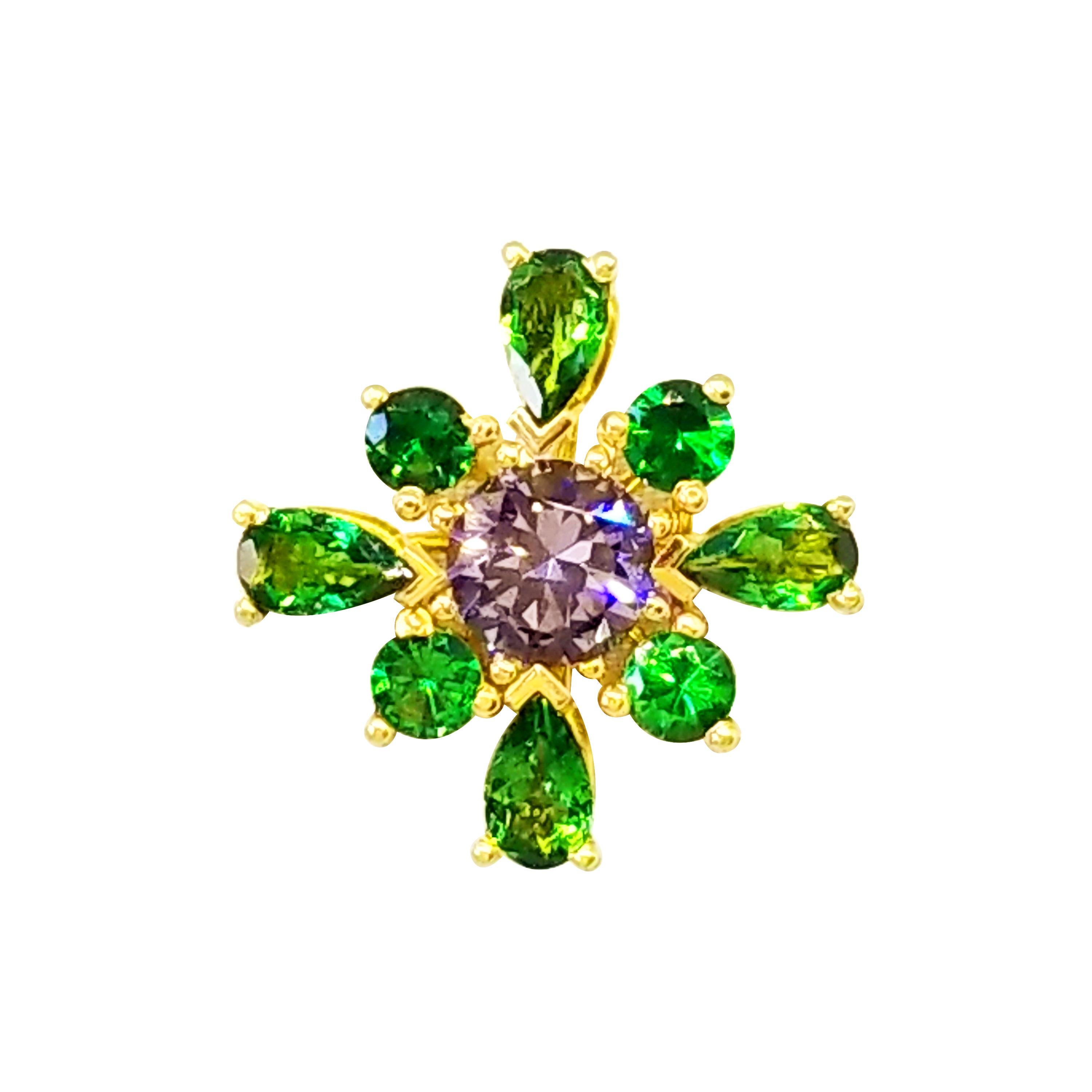 This Colorful pair of Cluster Floret Earrings in Purple and Green are One of a Kind in 18K Yellow Gold. The Earrings feature Round Brilliant cut, natural  Lavender Spinel of 1.81 Carats combined weight. The Gem Quality stones are of vibrant