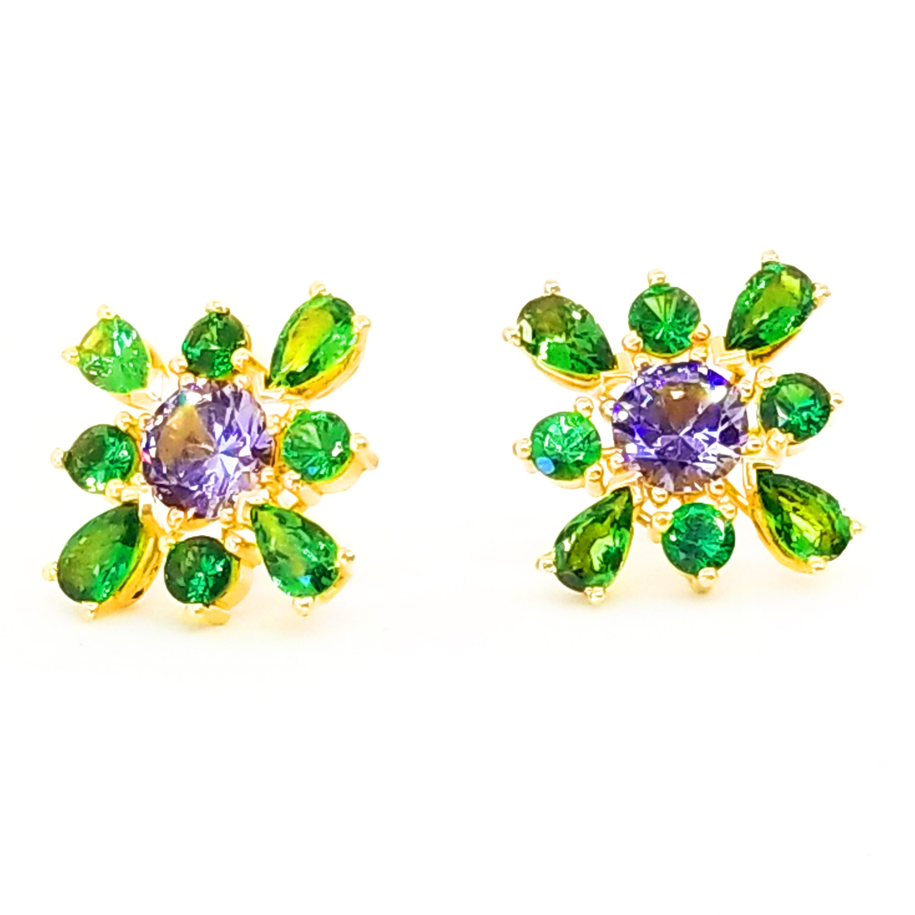 Artisan Lavender Spinel Green Tsavorite Garnet Floret Cluster Earrings 18 Karat Gold
