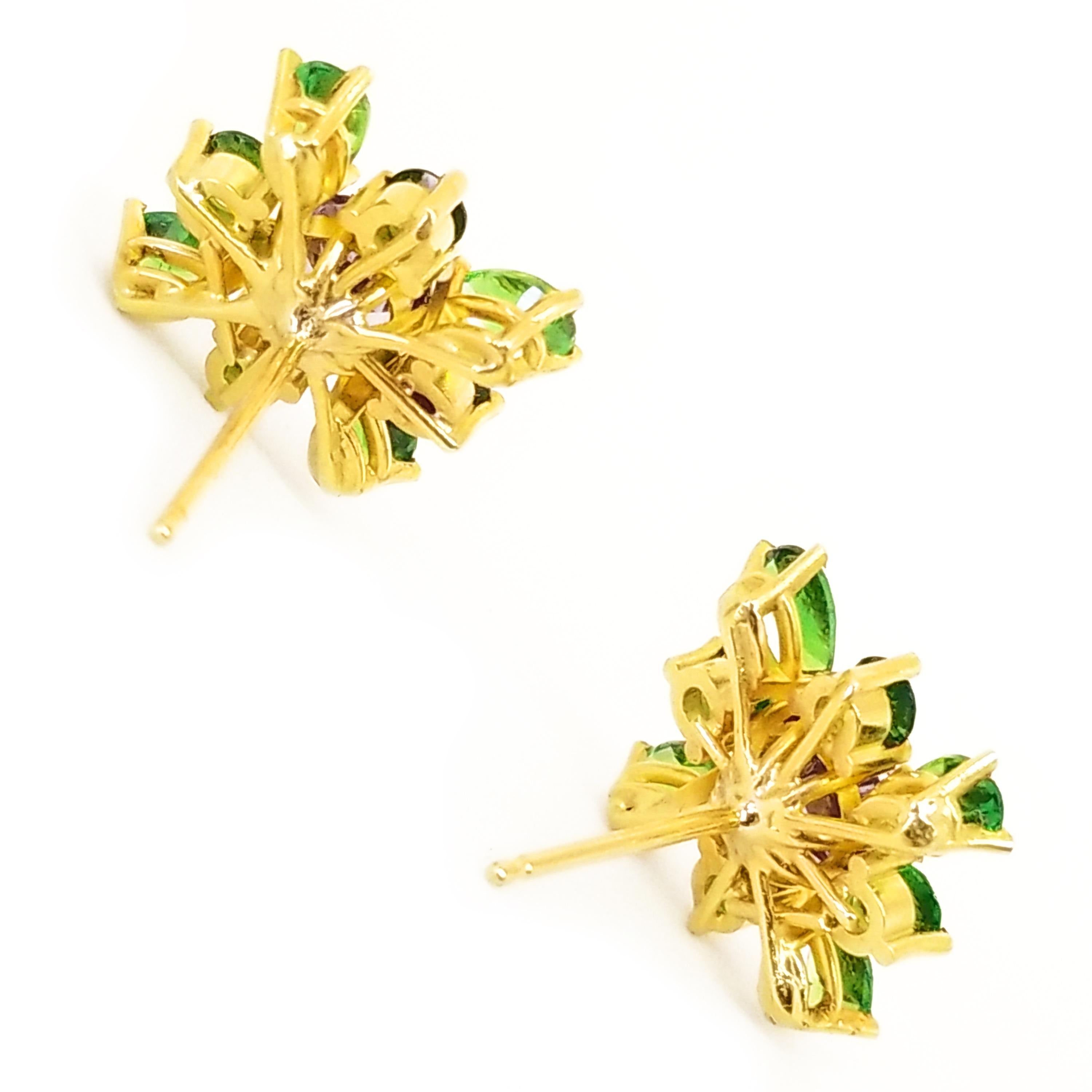Lavender Spinel Green Tsavorite Garnet Floret Cluster Earrings 18 Karat Gold 1