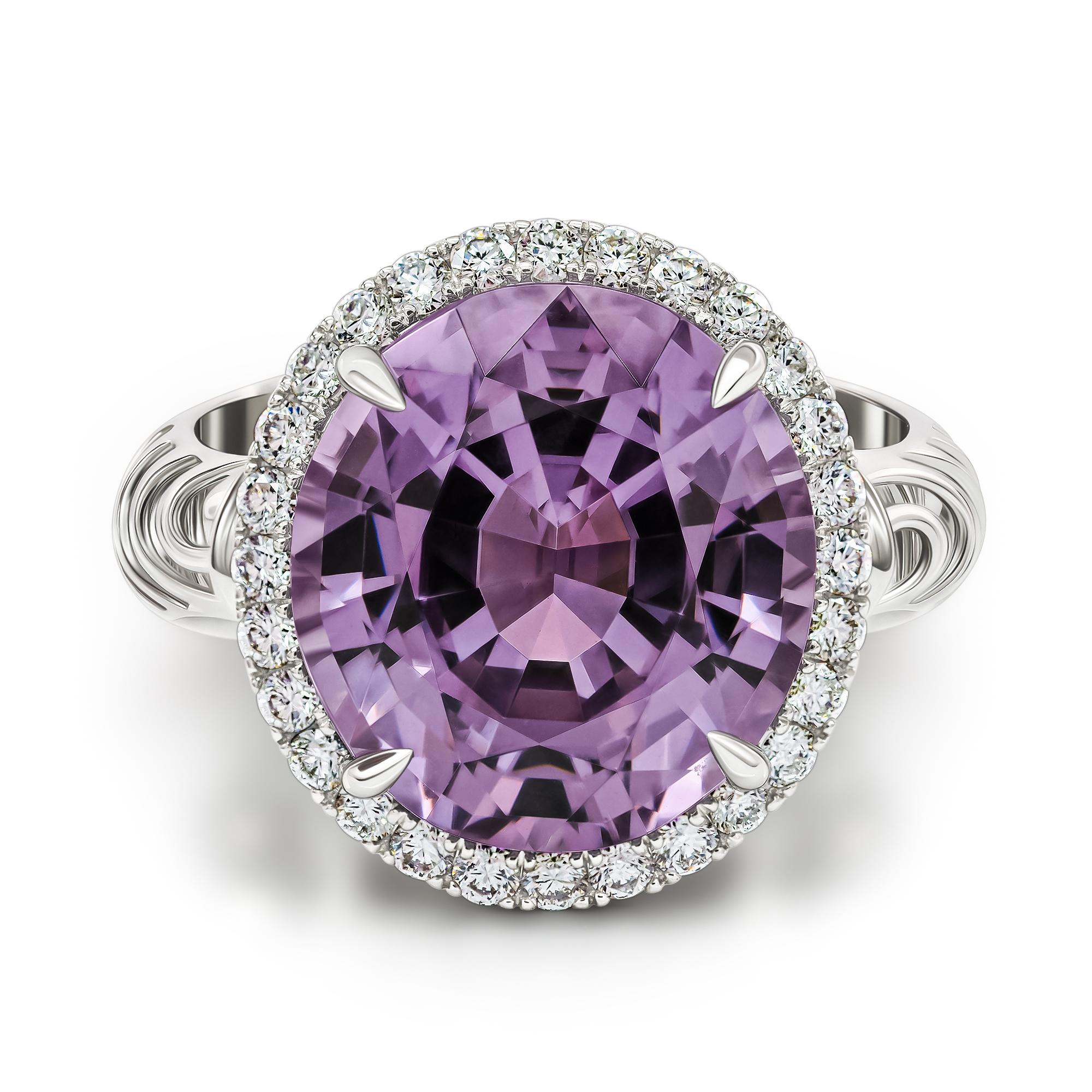 
•	18k white gold Violet Spinel in Oval cut total carat weight 8.57. 
Elegant Lavender Spinel Ring 
 Magical Garden collection. 

•	Diamonds, 100 pc round cut diamonds – total carat weight 0.38.  
•	Ring size – 7.25’.
•	Product weight – 9
