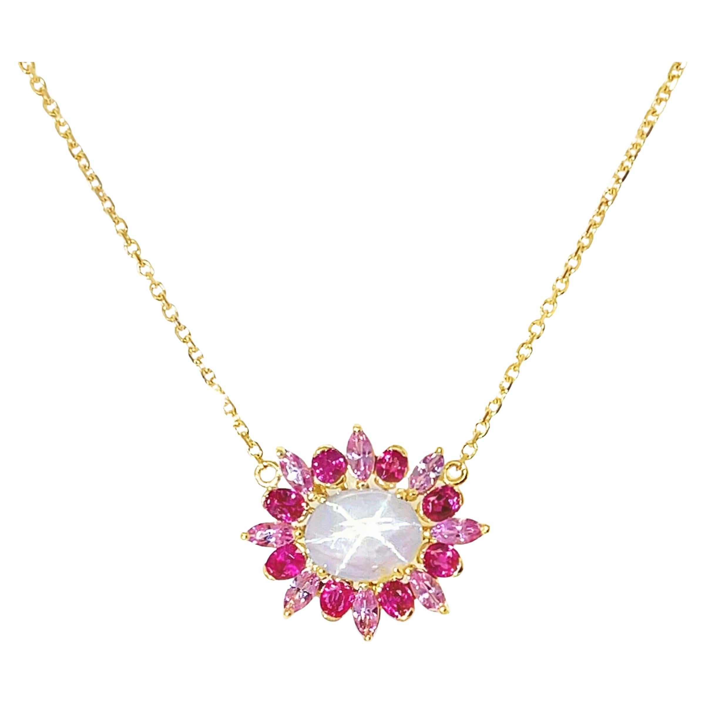 Lavender Star Sapphire, Ruby and Pink Sapphire Pendant Necklace in 18k Gold For Sale