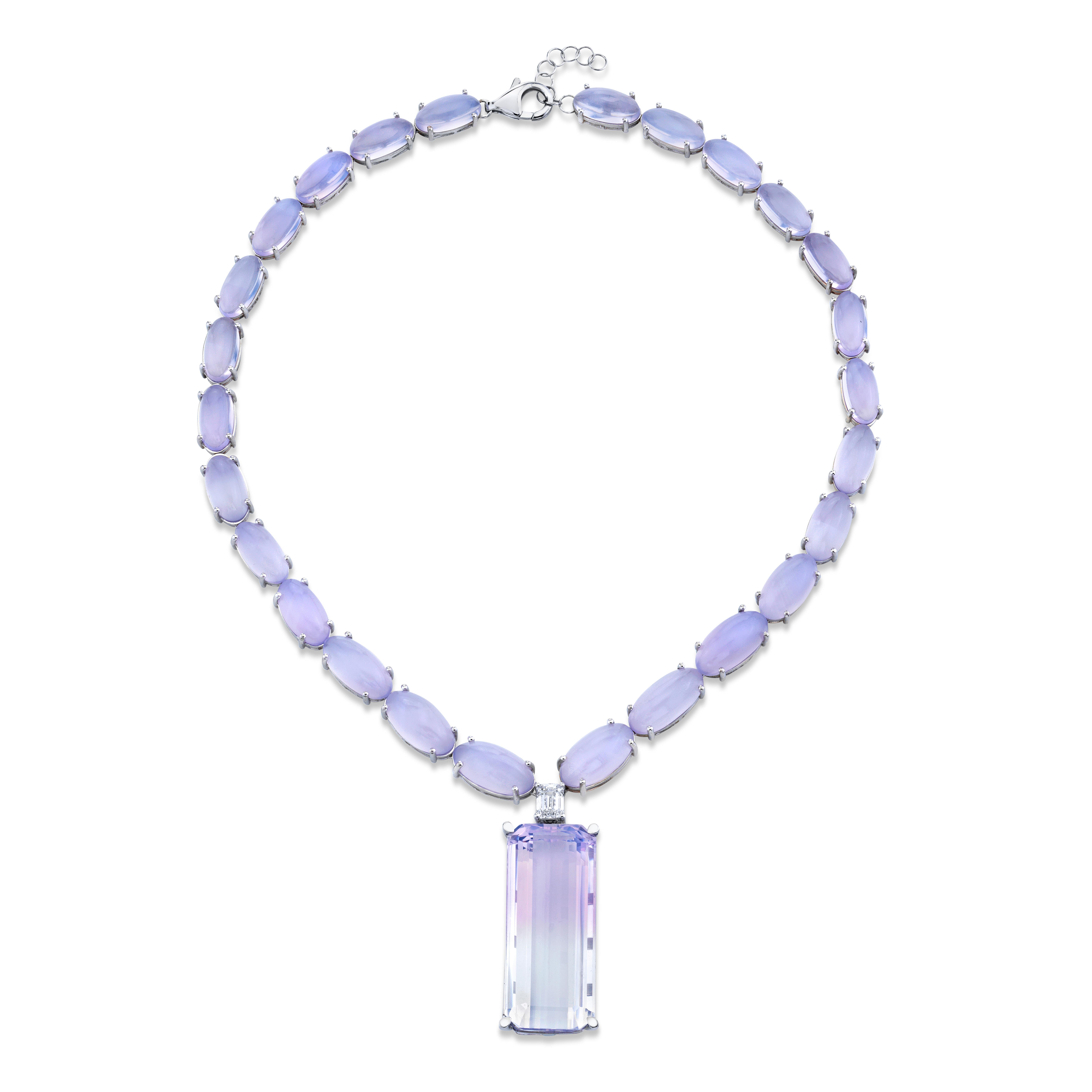 Emerald Cut Lavender Quartz Waterfall Necklace in 18k White Gold For Sale