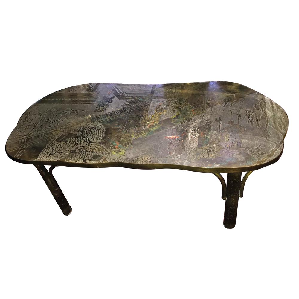 Philip & Kelvin LaVerne 'Chan' coffee table. Acid-etched and patinated brass over pewter and wood. Asymmetrical top depicts Chinese figures, horses and pavilions. Signed.

Measurements:
Length 47.5