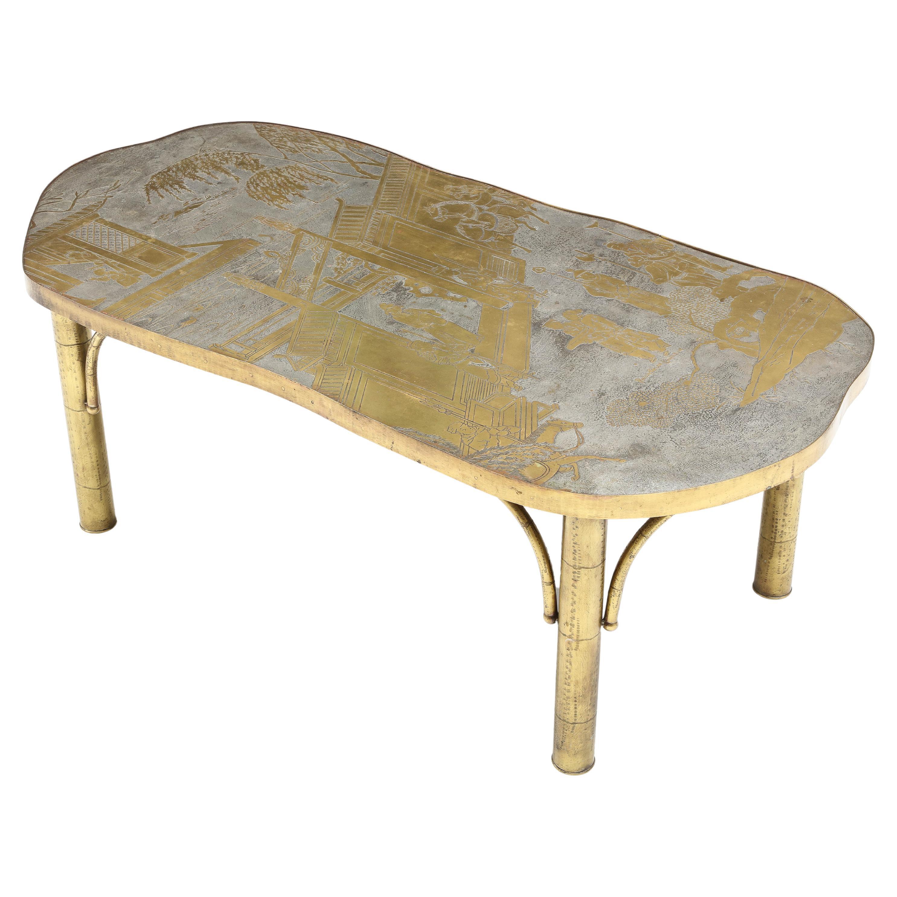 Phillip and Kelvin LaVern lovely Chan coffee or cocktail table in acid-etched patinated, and polychromed bronze and pewter, USA, 1960s. This iconic LaVerne table model design is called the House of Happiness (Chan #140) and it depicts a ceremony