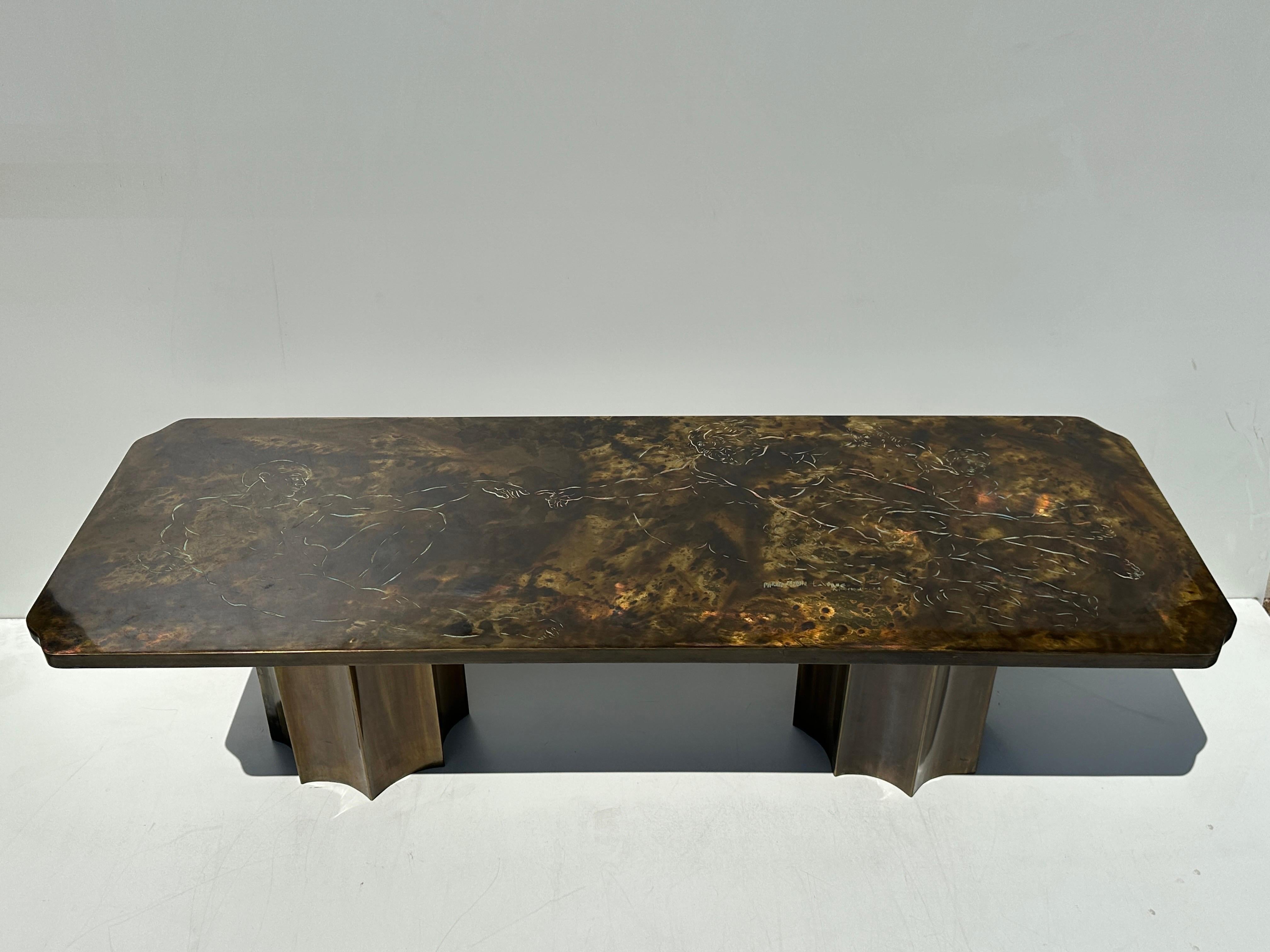 Michelangelo’s “Creation of Man” or “Creation of Adam” etched and patinated brass coffee table designed and made by father and son duo Philip and Kelvin LaVerne in 1960’s.
