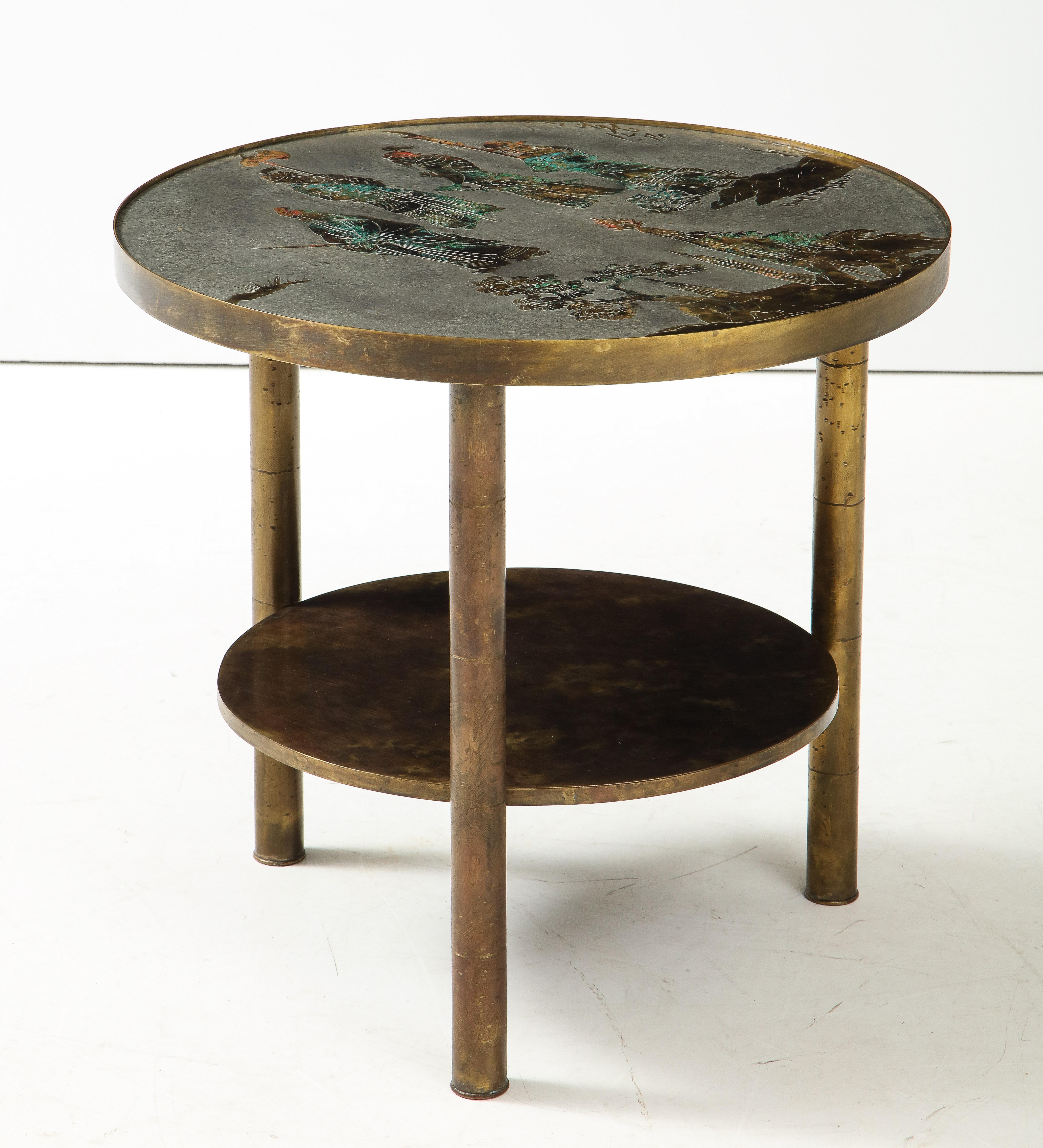 Hollywood Regency LaVerne Enameled Bronze/Pewter Sidetable