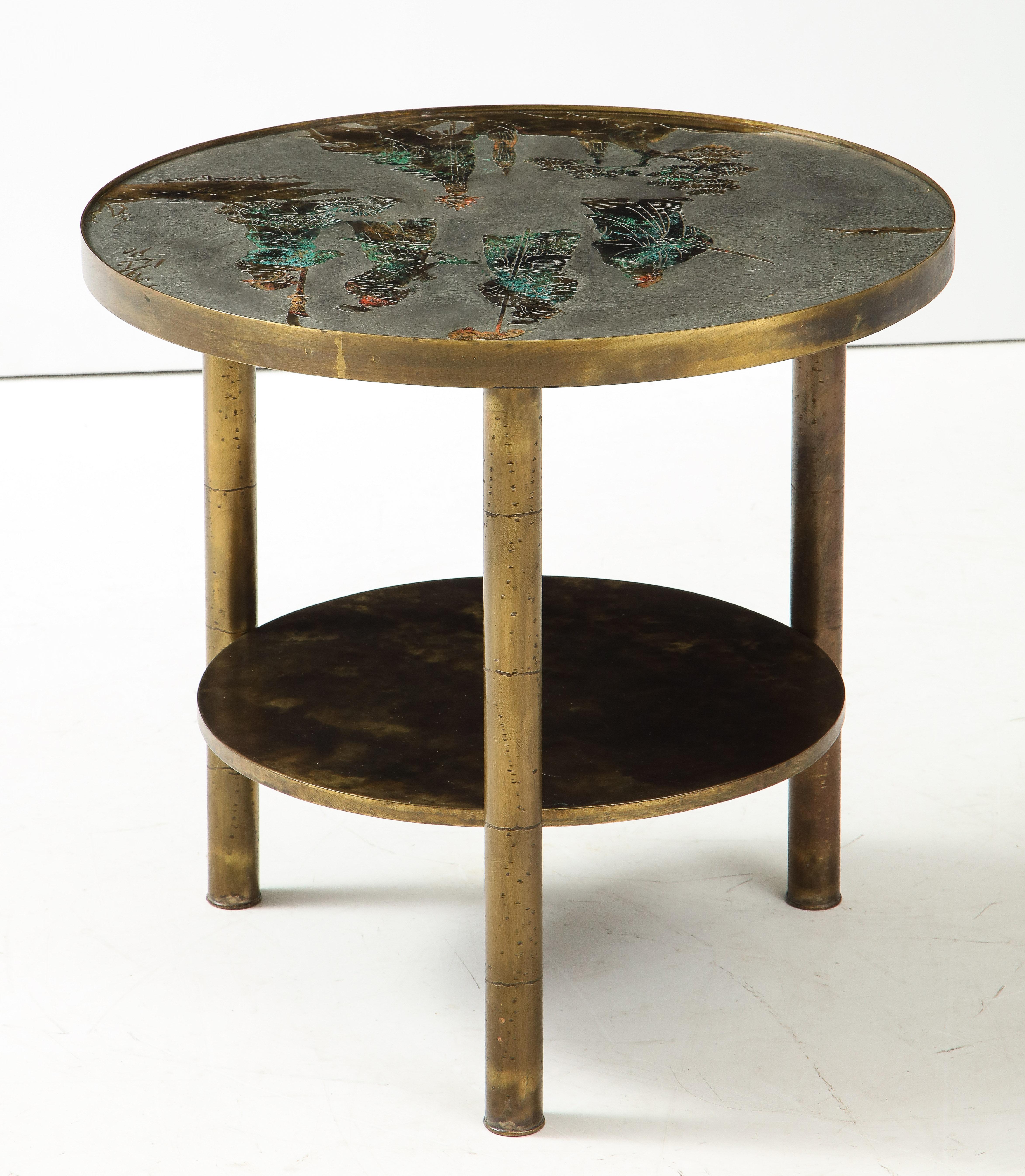 Hand-Crafted LaVerne Enameled Bronze/Pewter Sidetable