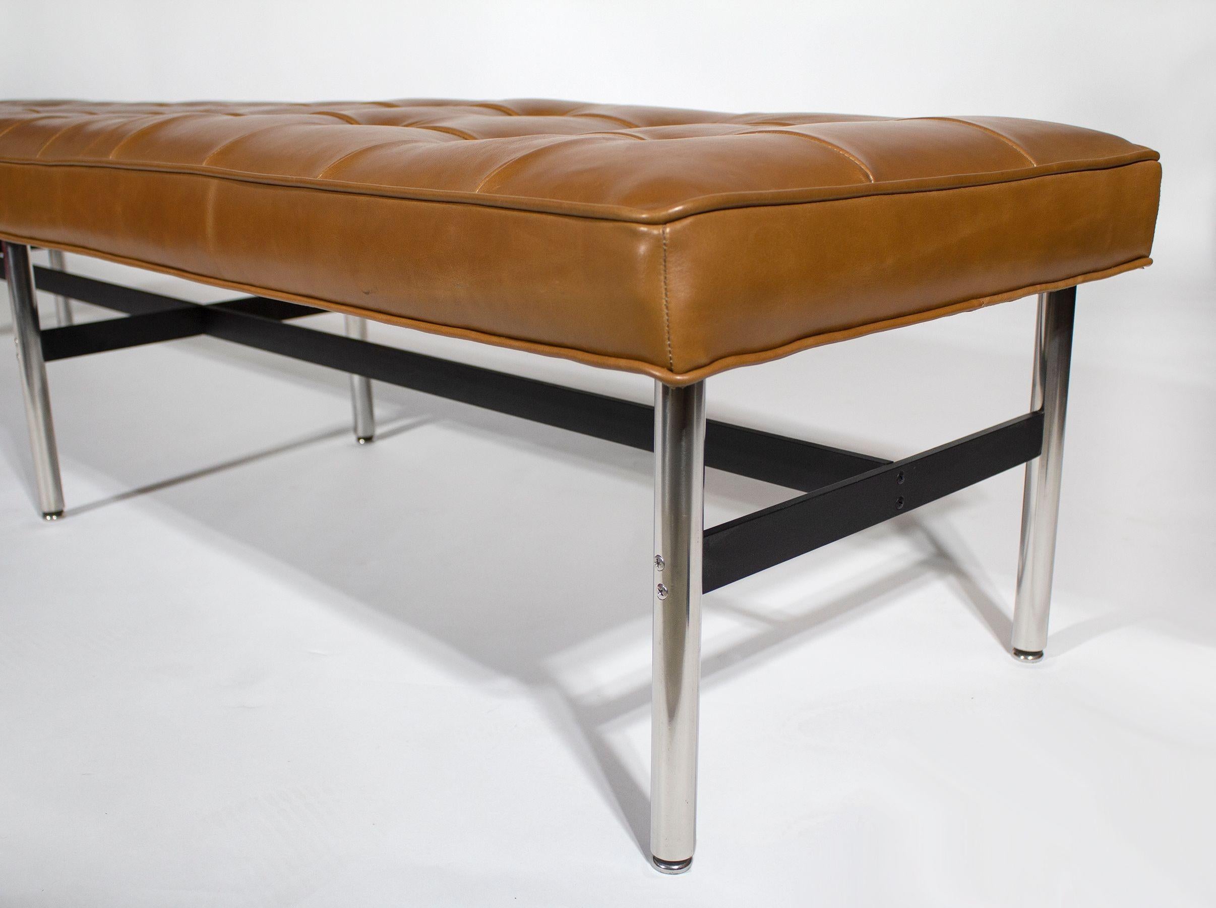 Laverne International Long Bench in Box-Tufted Camel Leather NYC Series 1960s 2