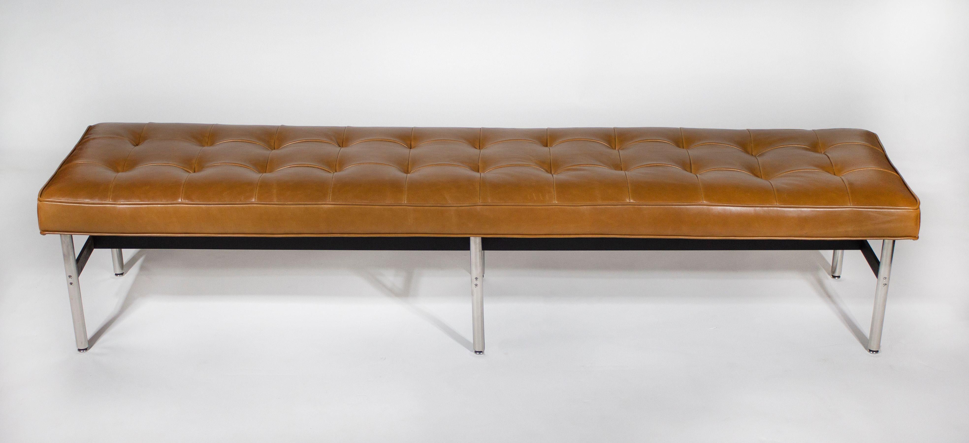 A beautiful Laverne International New York City Long bench full restored in a smooth camel-colored waxed leather. A timeless modernist piece designed by William Katavolos, Douglas Kelley & Ross Littell in the 1950s. Some of the designs from this
