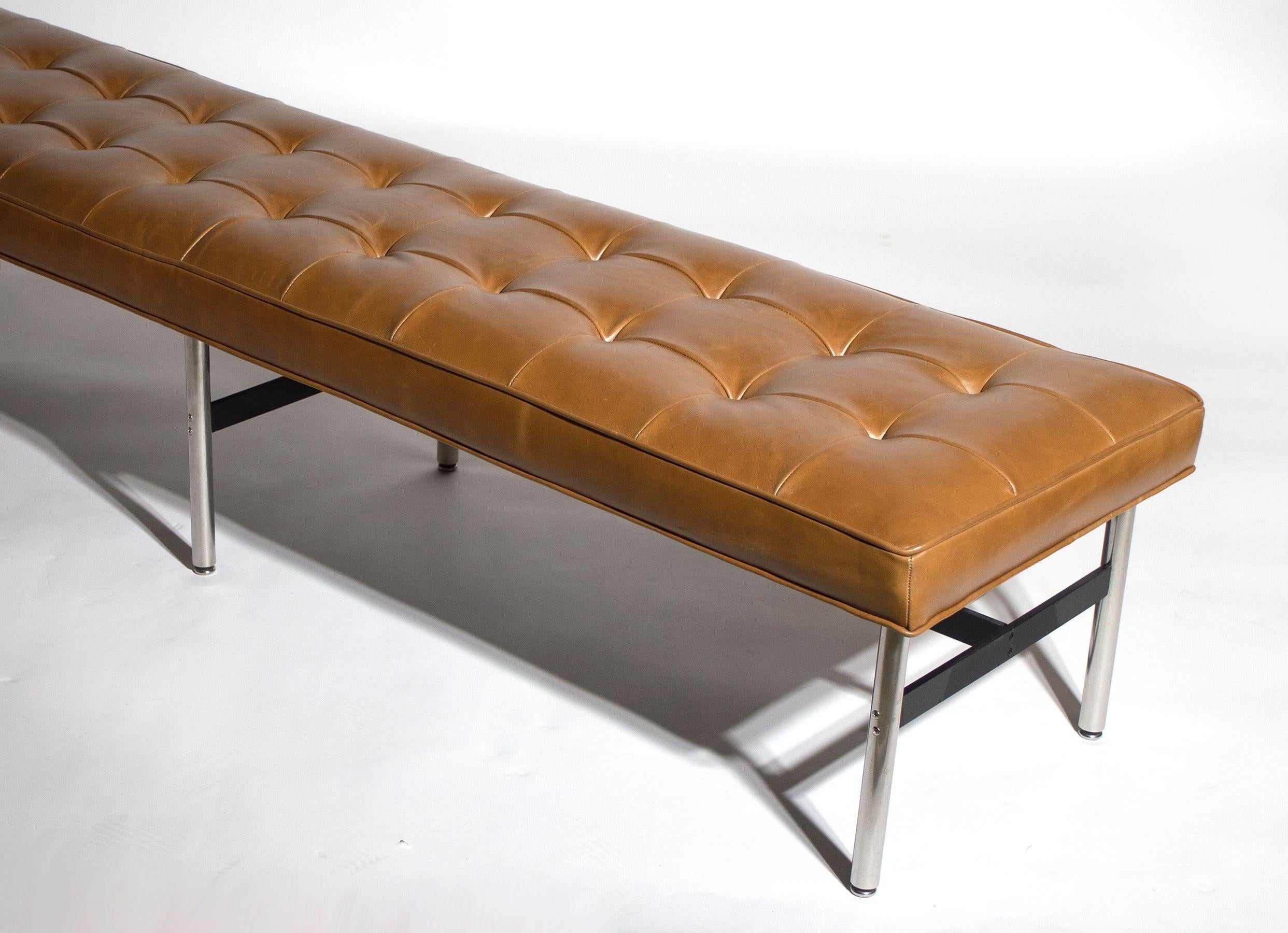 Mid-Century Modern Laverne International Long Bench in Box-Tufted Camel Leather NYC Series 1960s