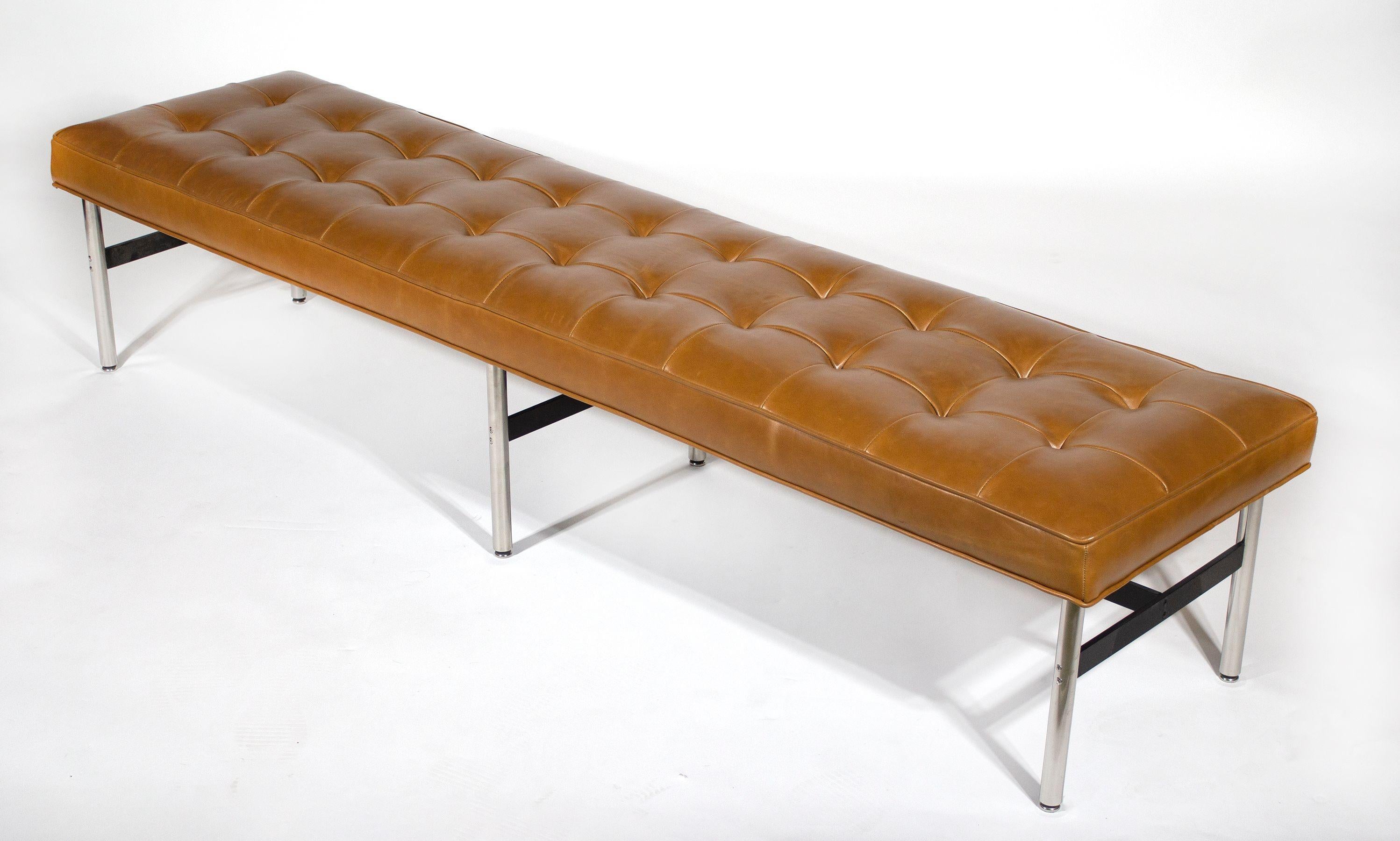 American Laverne International Long Bench in Box-Tufted Camel Leather NYC Series 1960s
