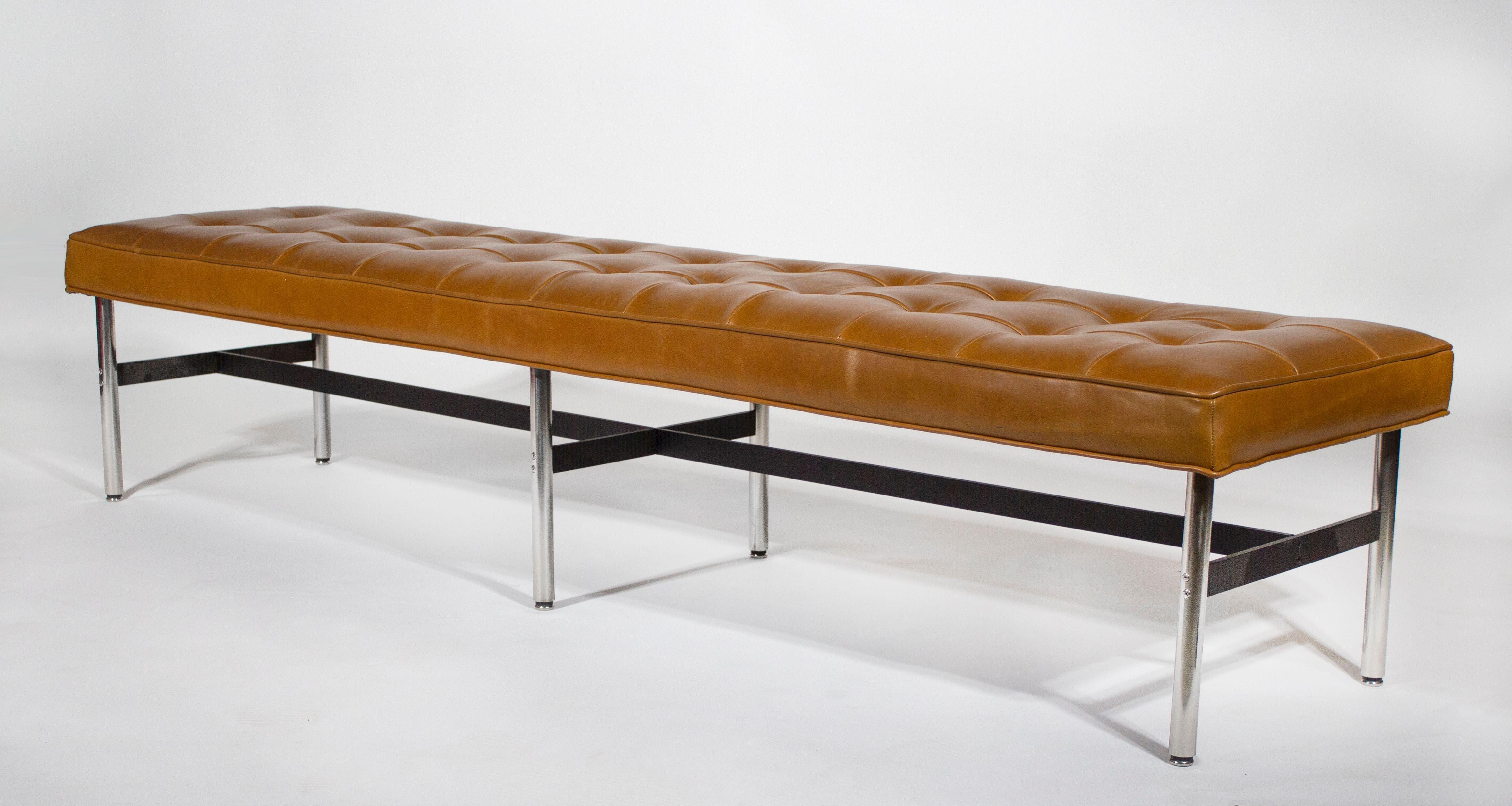 Laverne International Long Bench in Box-Tufted Camel Leather NYC Series 1960s In Good Condition In Dallas, TX