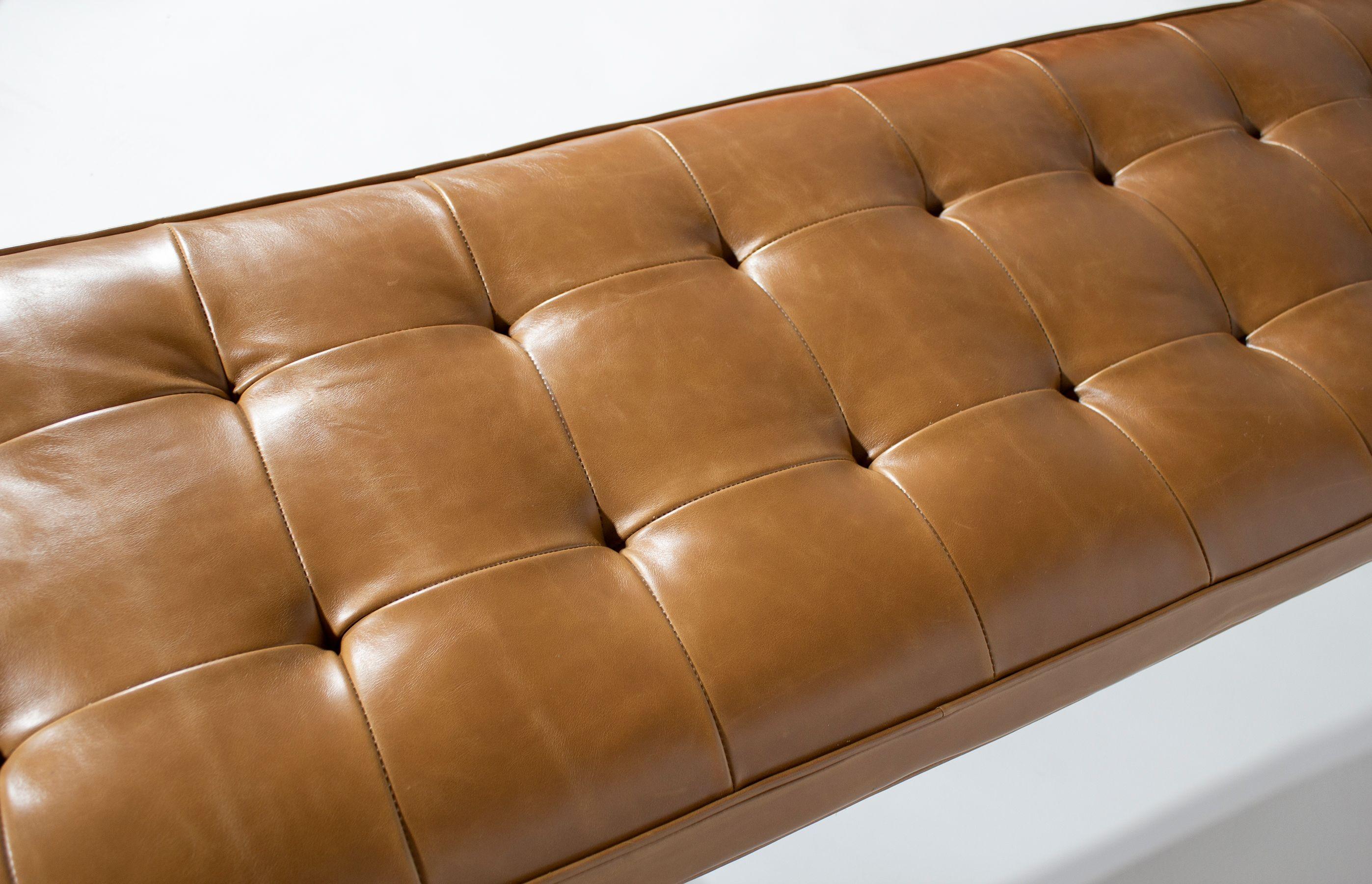 Steel Laverne International Long Bench in Box-Tufted Camel Leather NYC Series 1960s