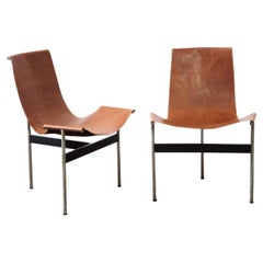 Laverne International Pair of Iconic "T Chairs" with Brown Leather, 1950s