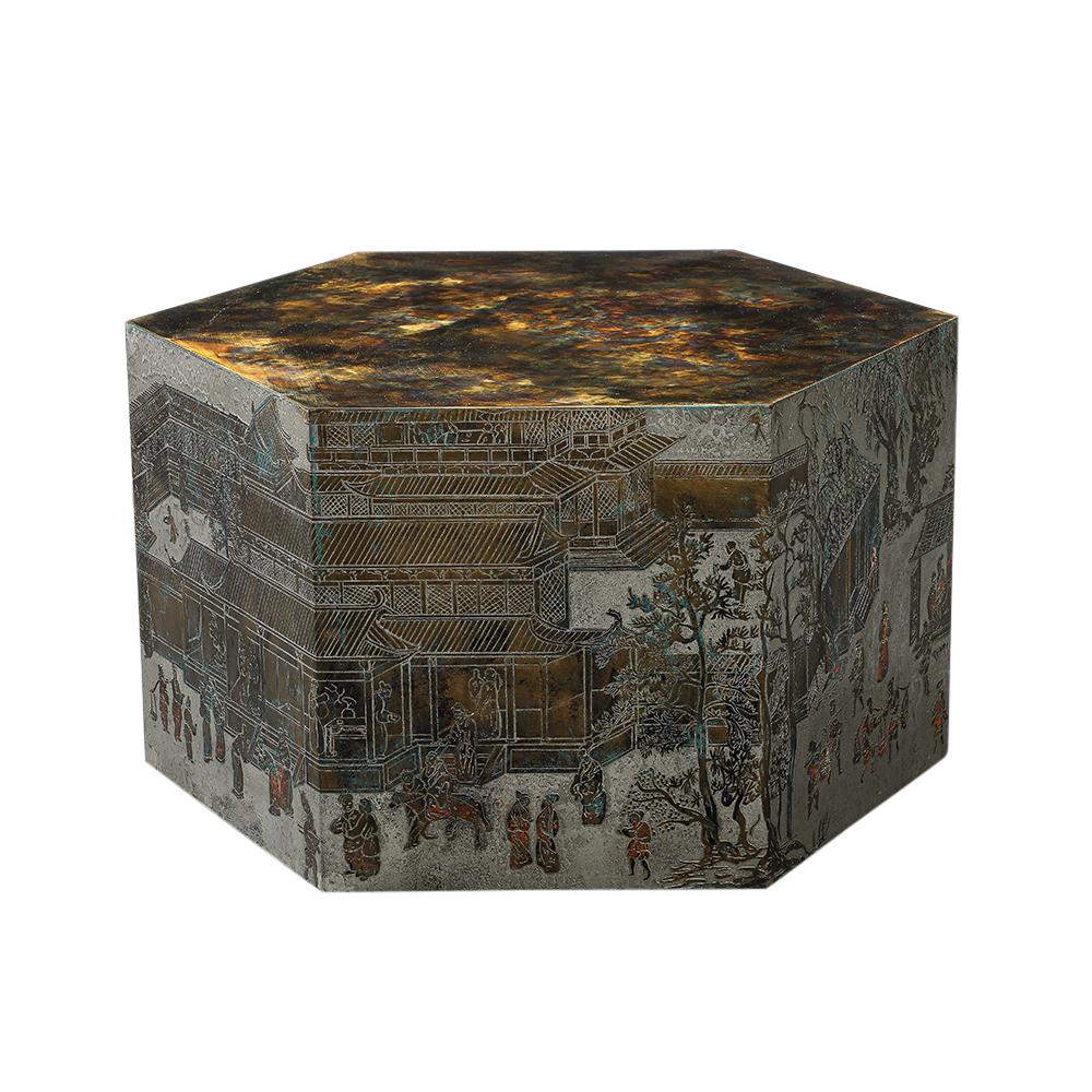 LaVerne Lo-Ta Side Table, Hexagonal, Bronze, Pewter, Natural Patinas, Signed For Sale 4