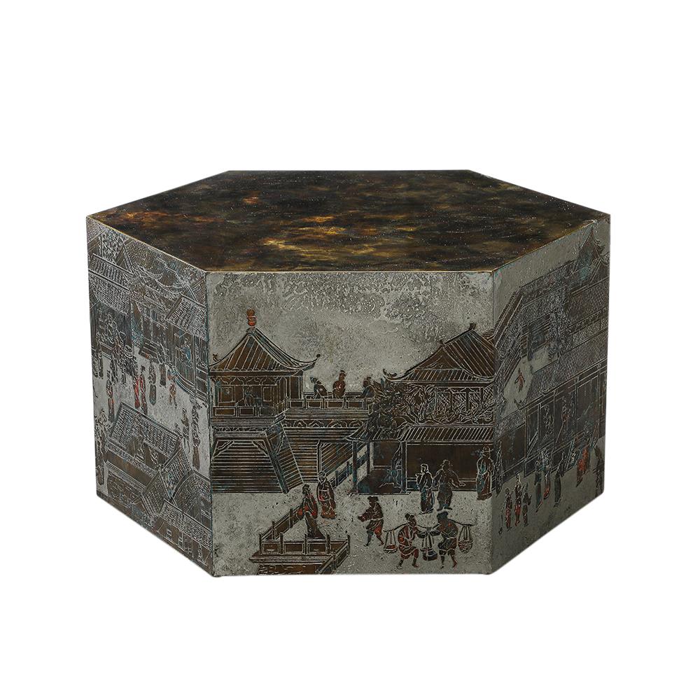 American LaVerne Lo-Ta Side Table, Hexagonal, Bronze, Pewter, Natural Patinas, Signed For Sale