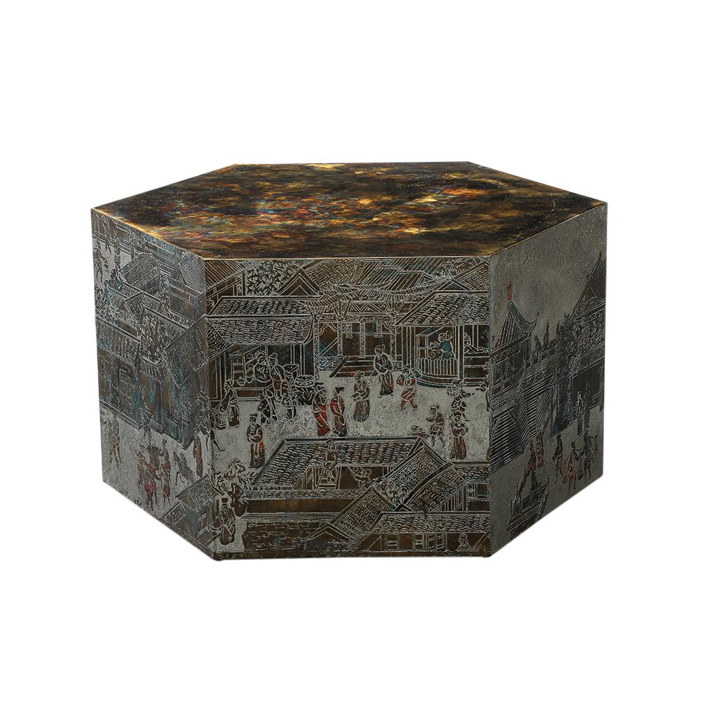 Hand-Crafted LaVerne Lo-Ta Side Table, Hexagonal, Bronze, Pewter, Natural Patinas, Signed For Sale