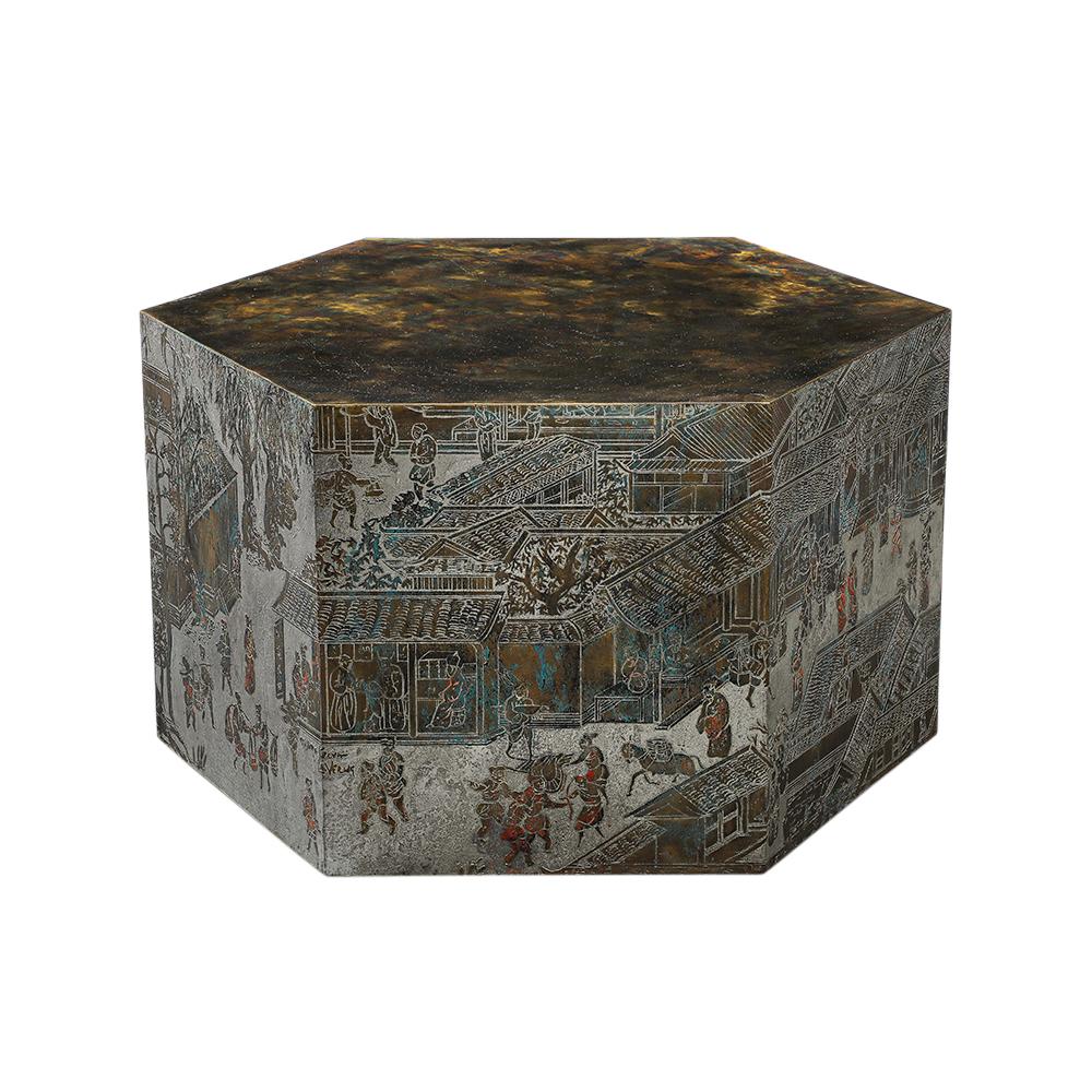 Late 20th Century LaVerne Lo-Ta Side Table, Hexagonal, Bronze, Pewter, Natural Patinas, Signed For Sale