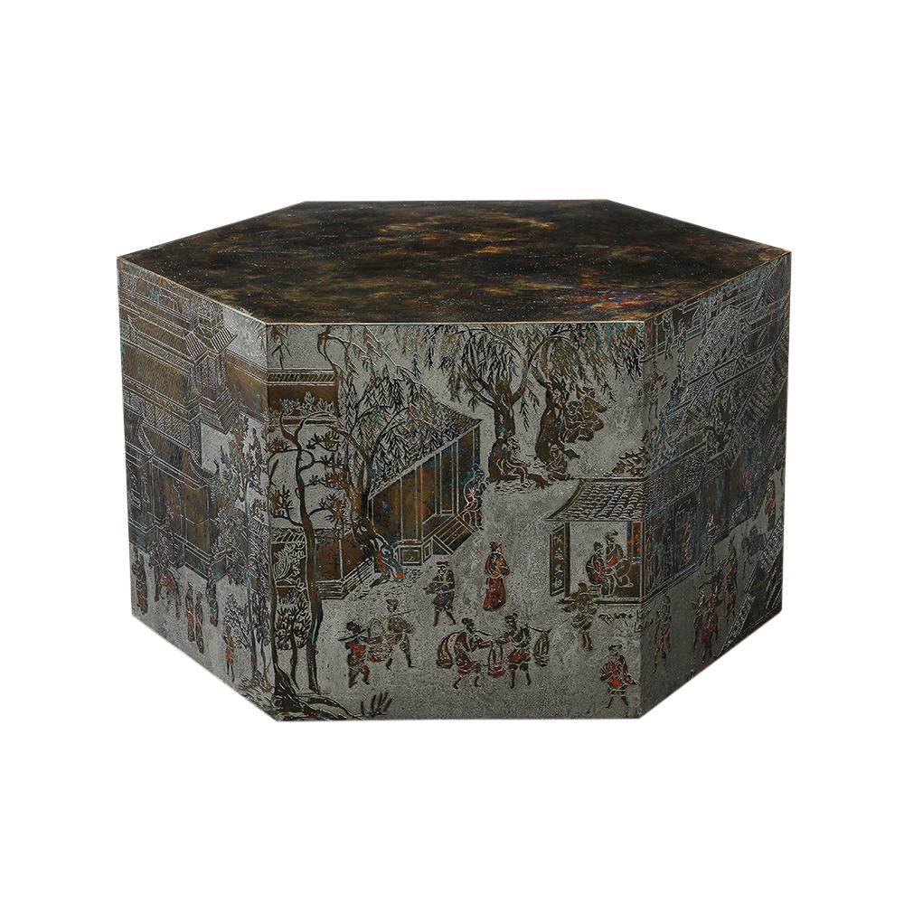 LaVerne Lo-Ta Side Table, Hexagonal, Bronze, Pewter, Natural Patinas, Signed For Sale 2