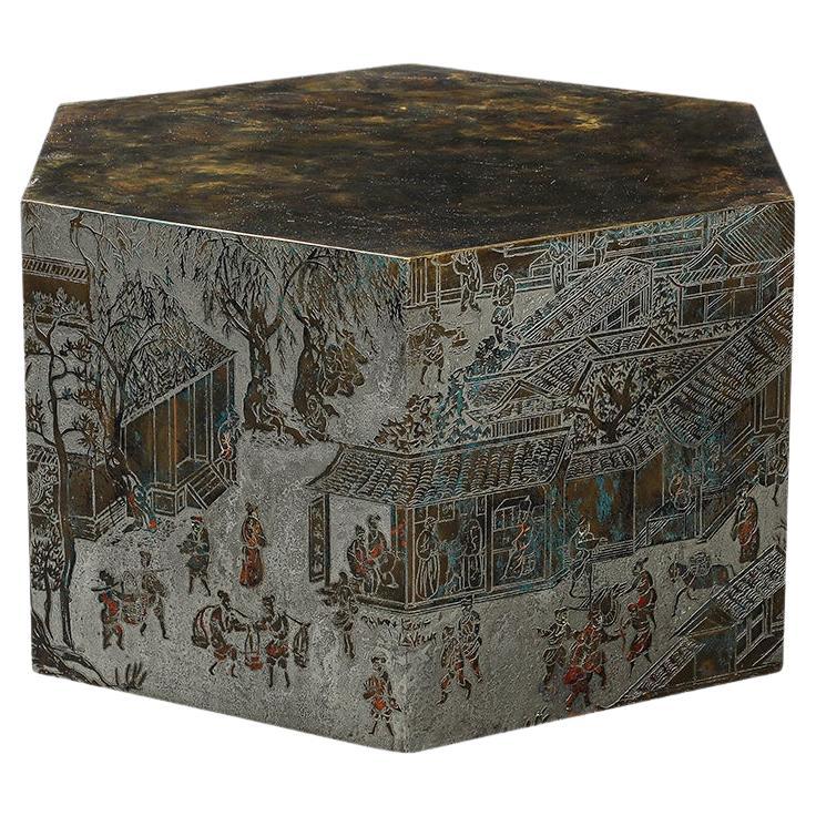 LaVerne Lo-Ta Side Table, Hexagonal, Bronze, Pewter, Natural Patinas, Signed For Sale