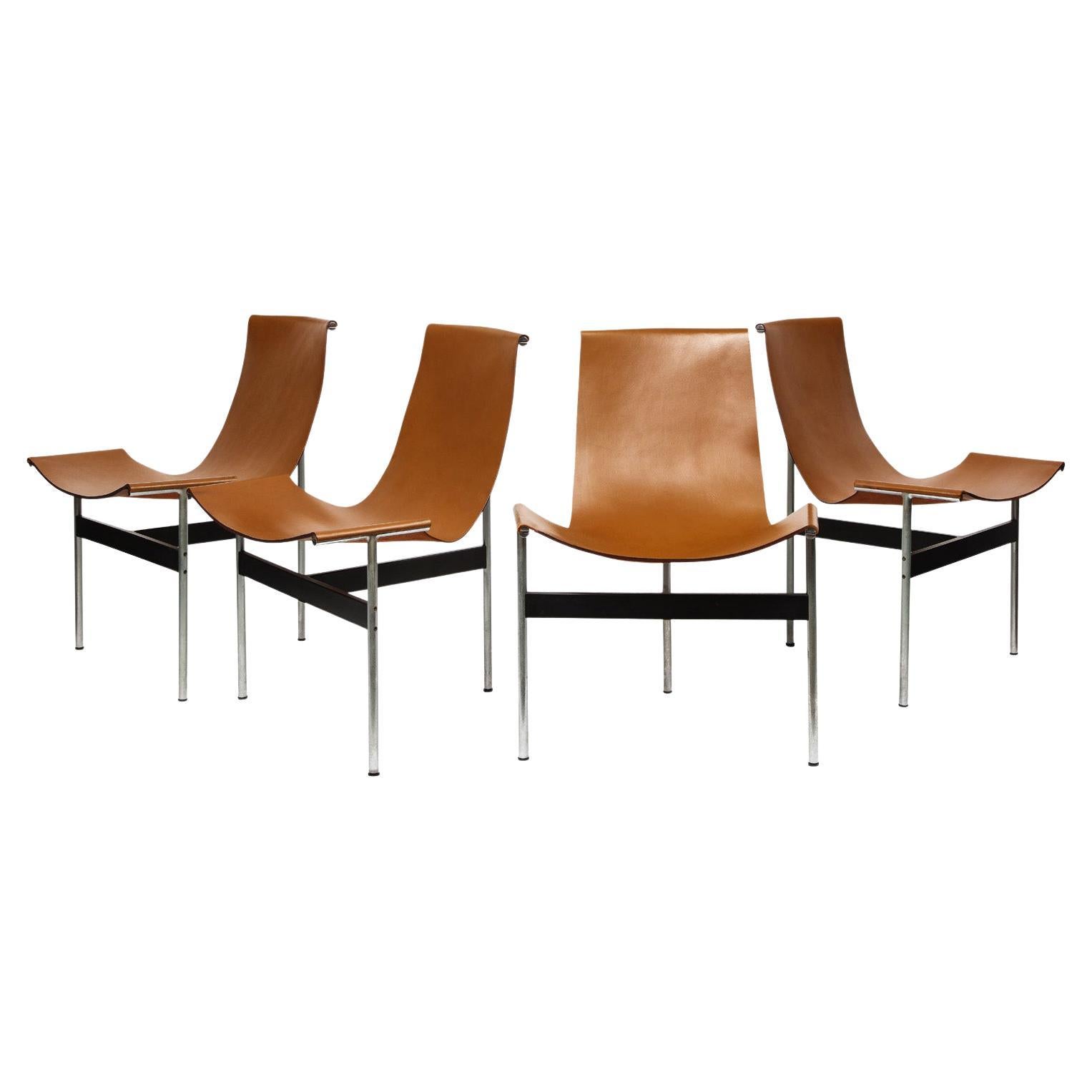 Laverne Set of Four "T Chairs" in Stainless Steel and Brown Leather, 1950s