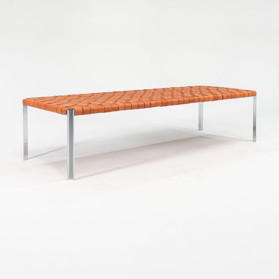 Modern Laverne TG-18 Long Woven Leather Bench in Tan Leather on a Polished Chrome Frame For Sale