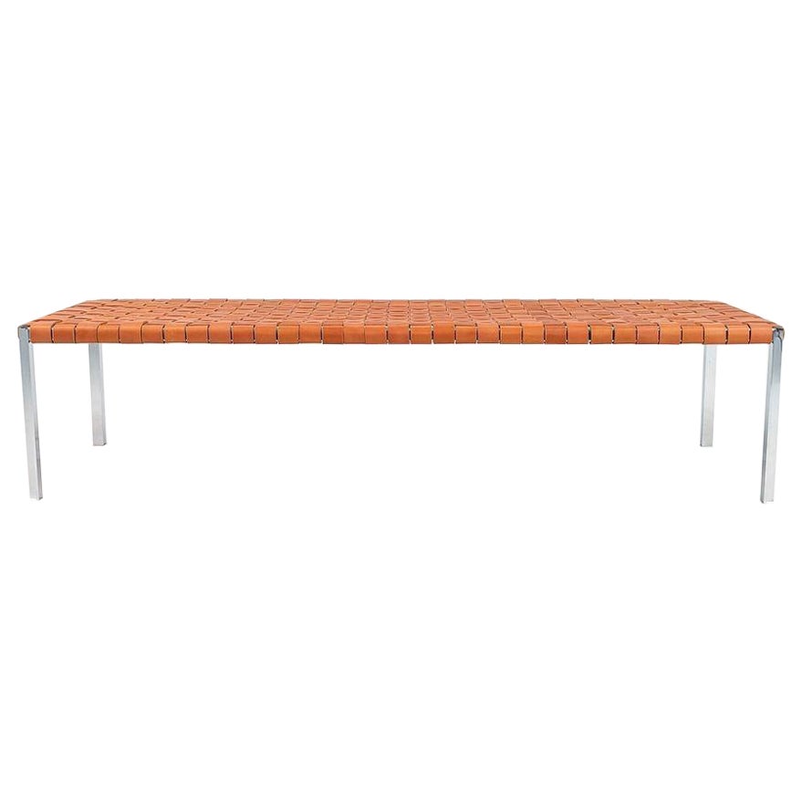 Laverne TG-18 Long Woven Leather Bench in Tan Leather on a Polished Chrome Frame