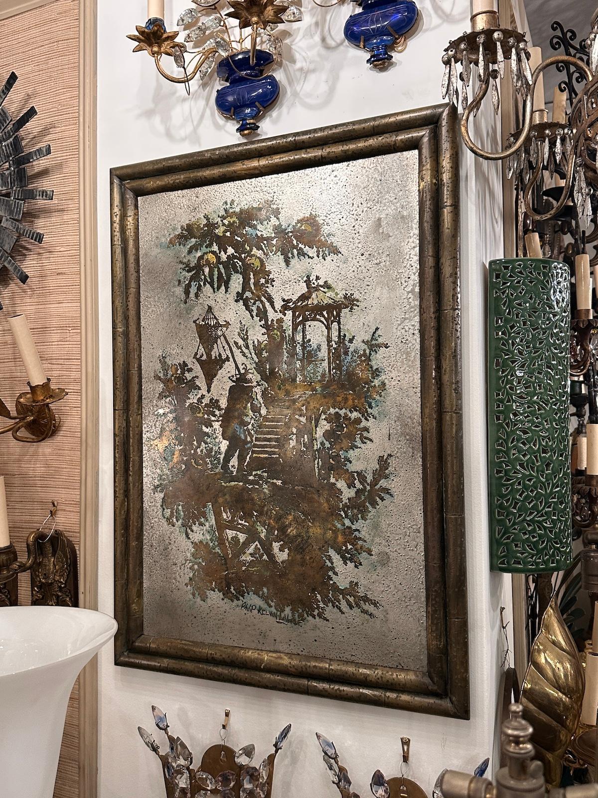A circa 1960's Kelvin and Phillip LaVerne acid-etched metal artwork with original frame and patina.

Measurements:
Height: 30