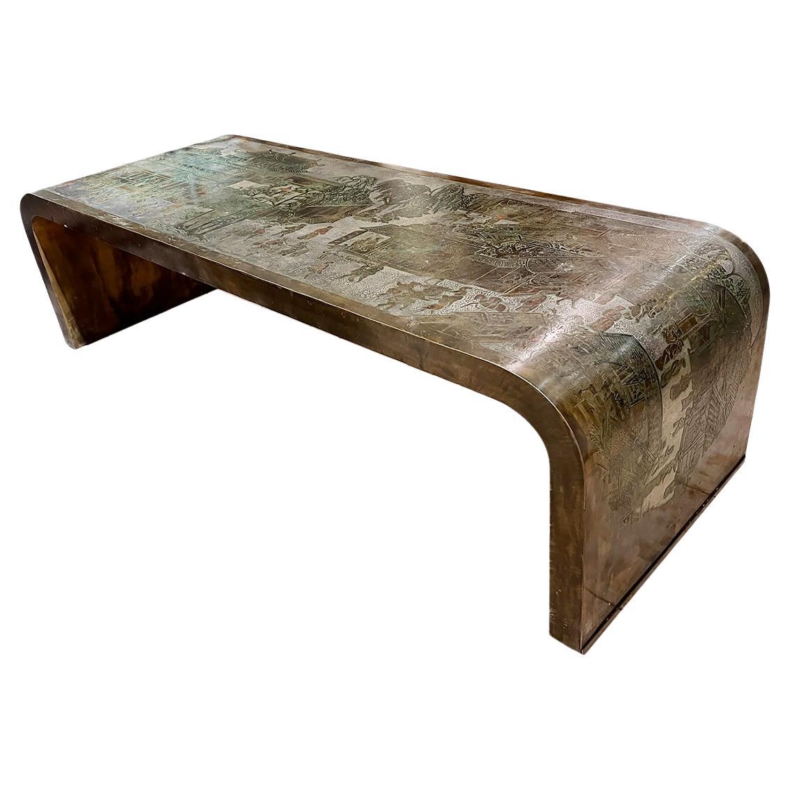 A circa 1970's Laverne coffee table with landscape scene.

Measurements:
Height: 16.75