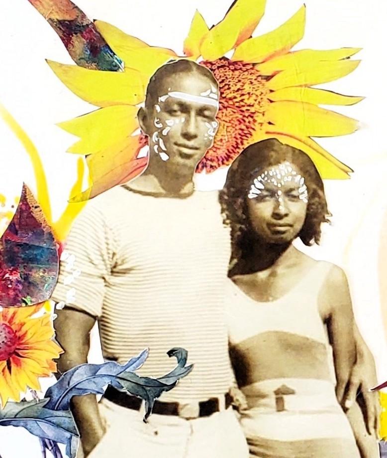 Collage mixto sobre papel con fotografías, arte negro afroamericano, enmarcado - Abstract Painting Beige de Lavett Ballard