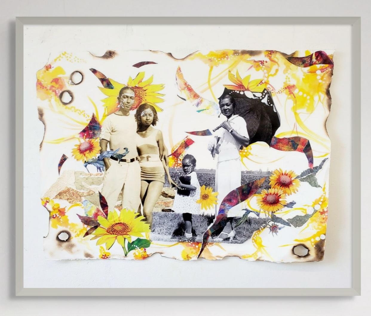 Collage a tecnica mista su carta con fotografie, arte nera afroamericana, con cornice