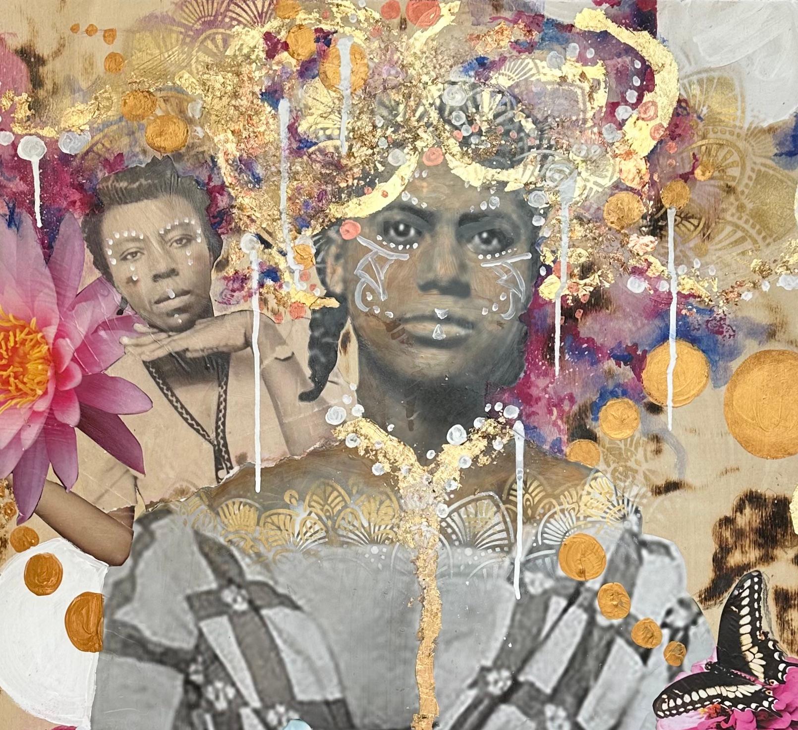 Sentado con las sombras: cuadro enmarcado con fotos, arte negro afroamericano - Painting Abstracto de Lavett Ballard