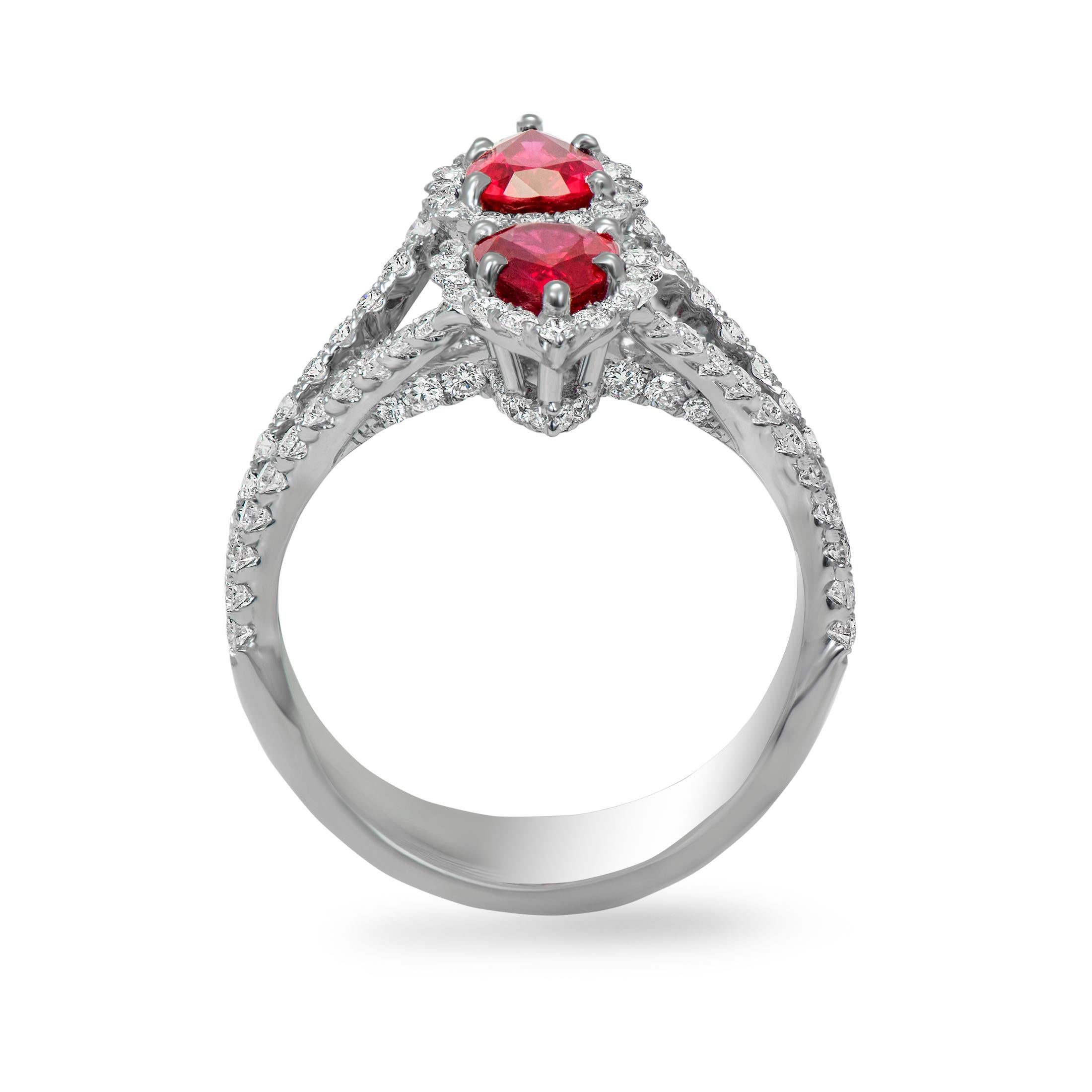 18 Karat white gold ruby and diamond cocktail ring from Laviere's Carmine Collection. The ring is set with 1.4-carat Burmese ruby and 1.13-carat brilliant cut diamonds. 

Gross Weight of the ring:  6.15 grams. 
Diamonds Color/Clarity: G-H/VS-SI.