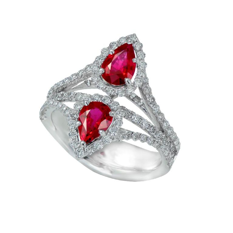 Pear Cut Laviere Burmese Ruby and Diamond Ring For Sale