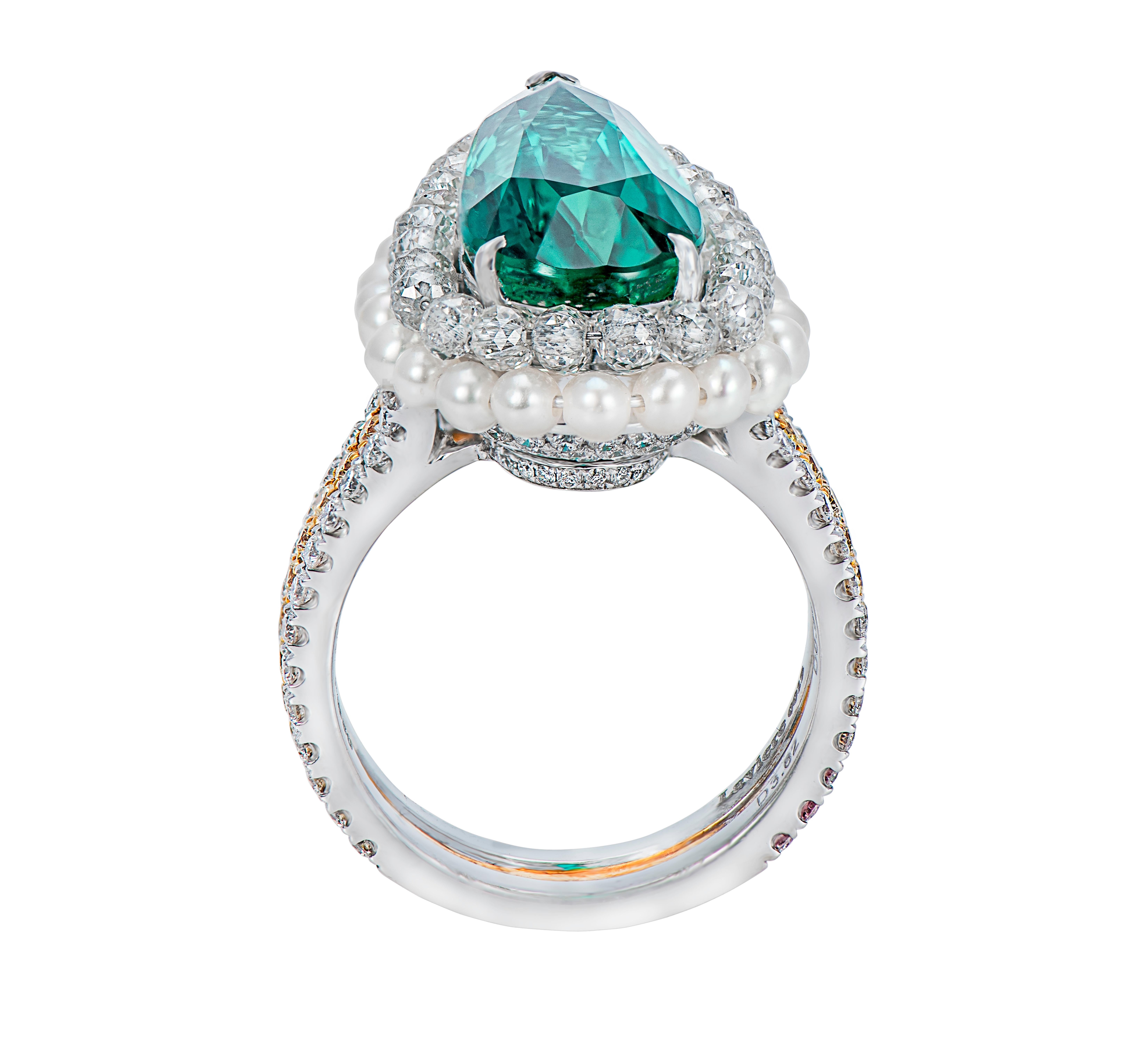 Platinum and 18 karat white & yellow gold Emerald and Diamond ring from the Imperial Green Collection of Laviere. The ring is set with a GRS certified 7.13 carat Emerald, surrounded by 26 freshwater pearls of a total 2.29 carats along with 4.18