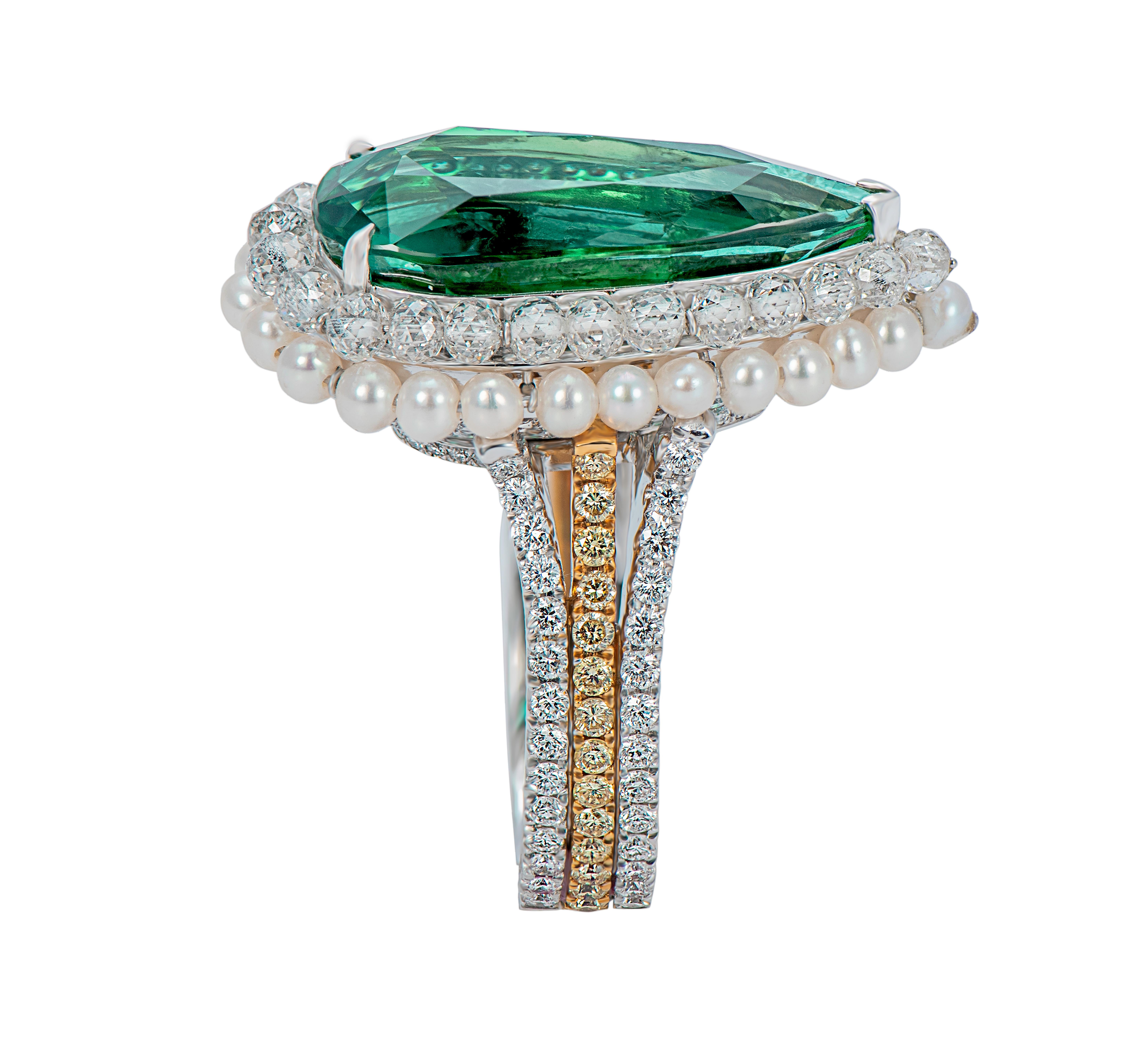 Contemporary Emerald and Diamond Cocktail Ring with Pearls For Sale
