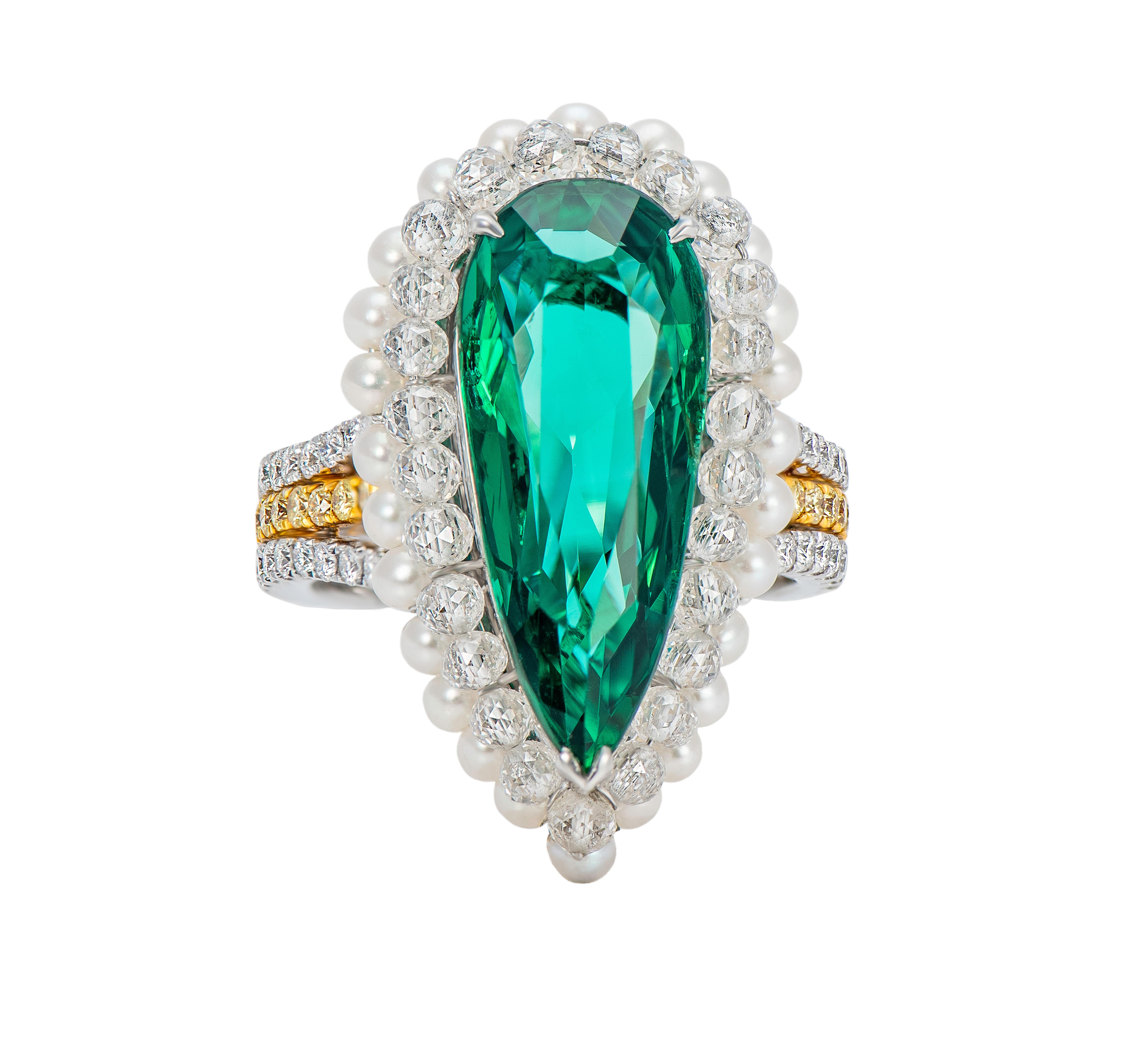 Pear Cut Emerald and Diamond Cocktail Ring with Pearls For Sale