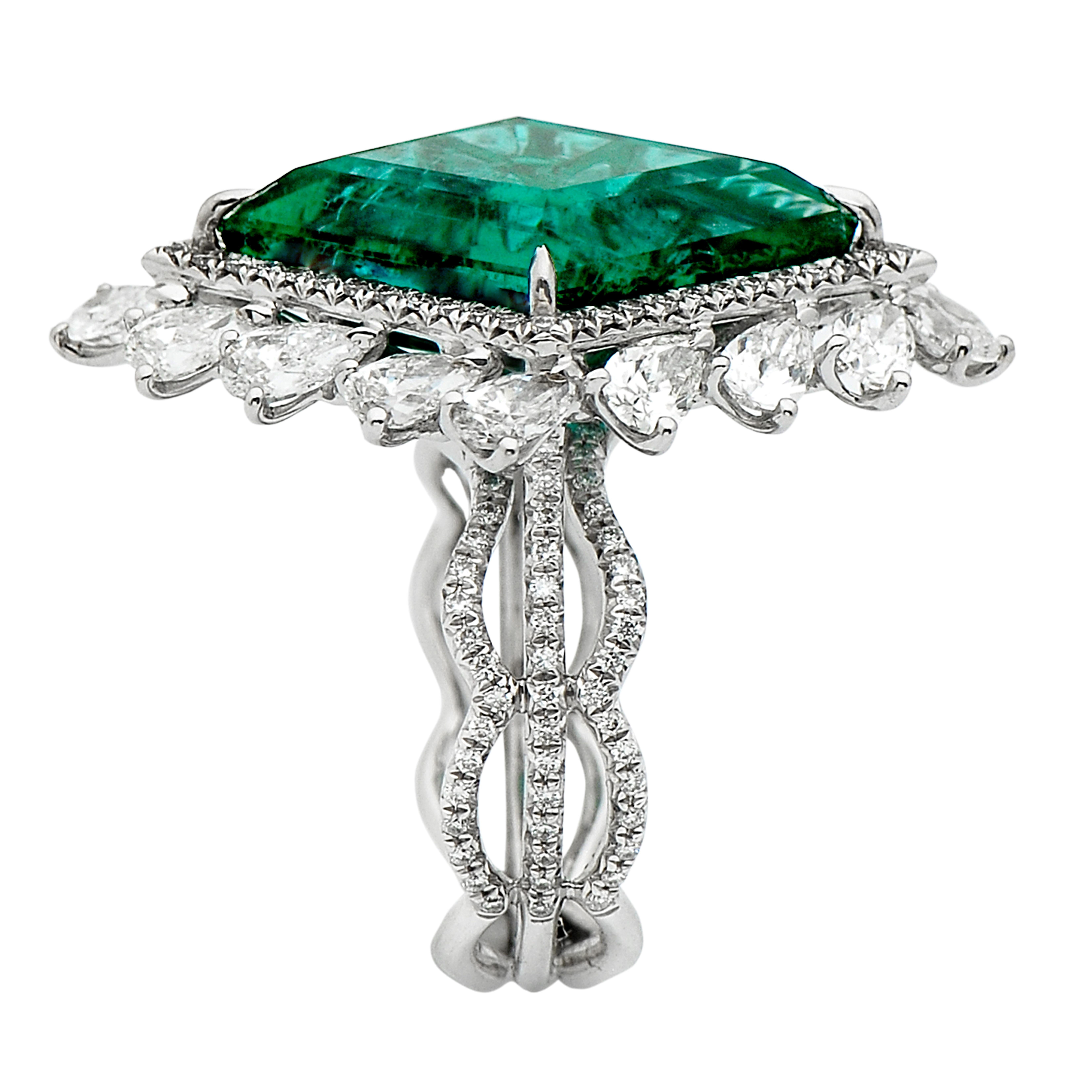 18 Karat white gold ring from Laviere's Viridian collection. This ring is set with a Trapeze shape GIA certified Emerald weighing 9.23 carats and is surrounded with 2.83 carats of brilliant pear shape diamonds and 0.72 carats of round brilliant